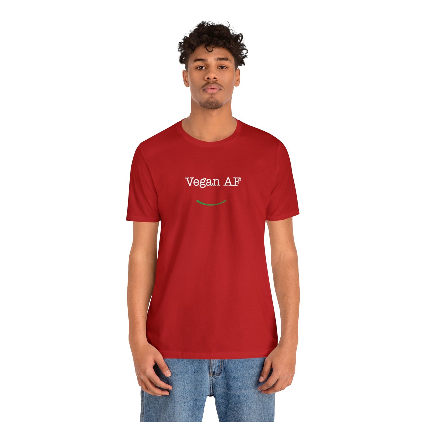 front view "Vegan AF" red t-shirt with smile white background male