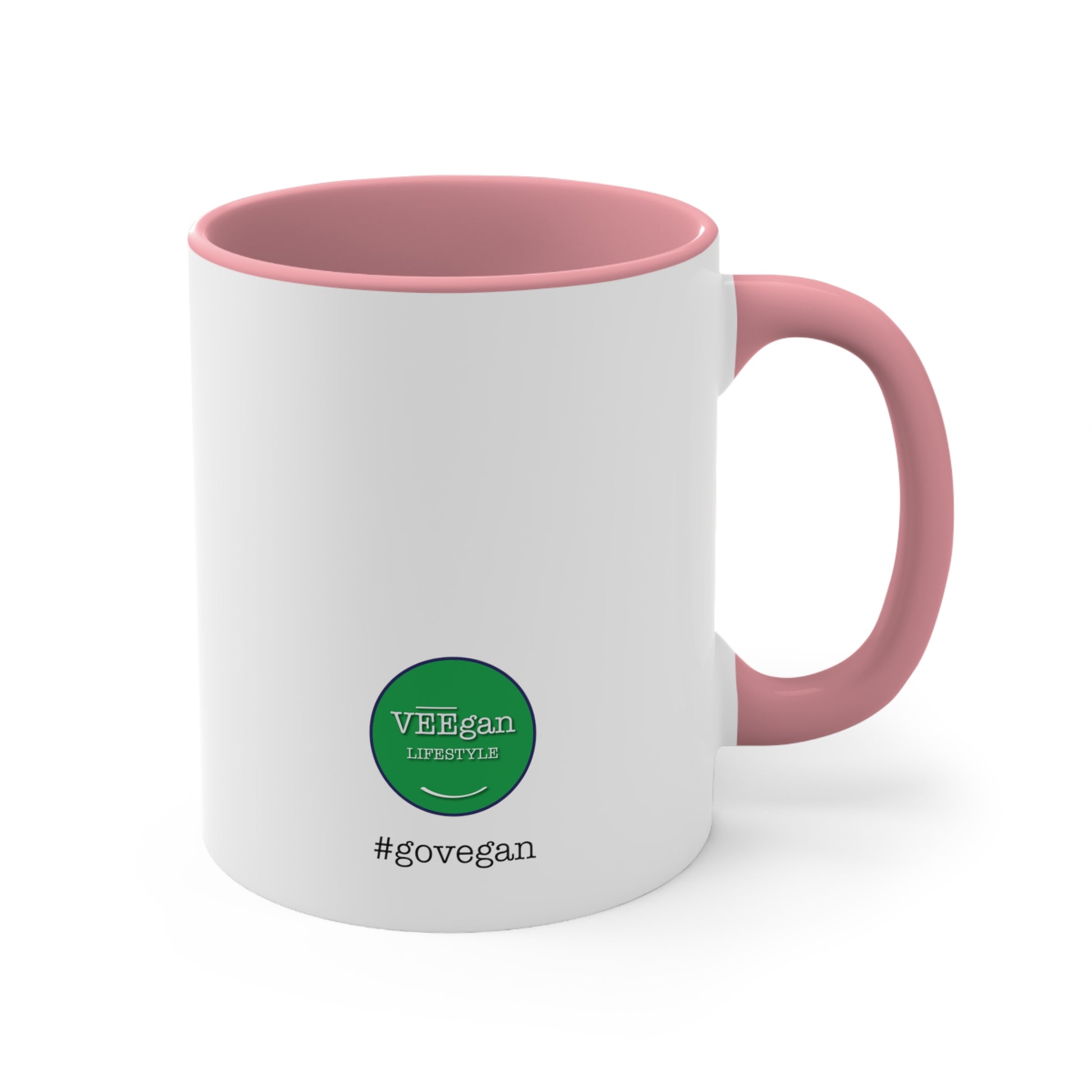 back view #govegan pink accent coffee mug on white background