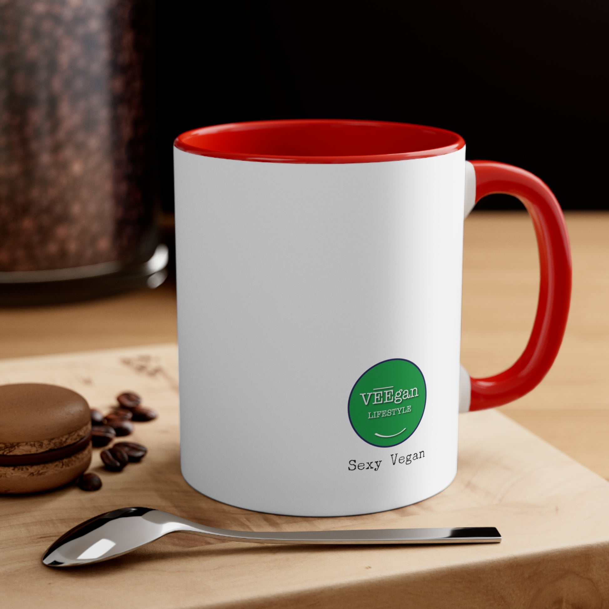 back "Sexy Vegan" red accent mug lifestyle