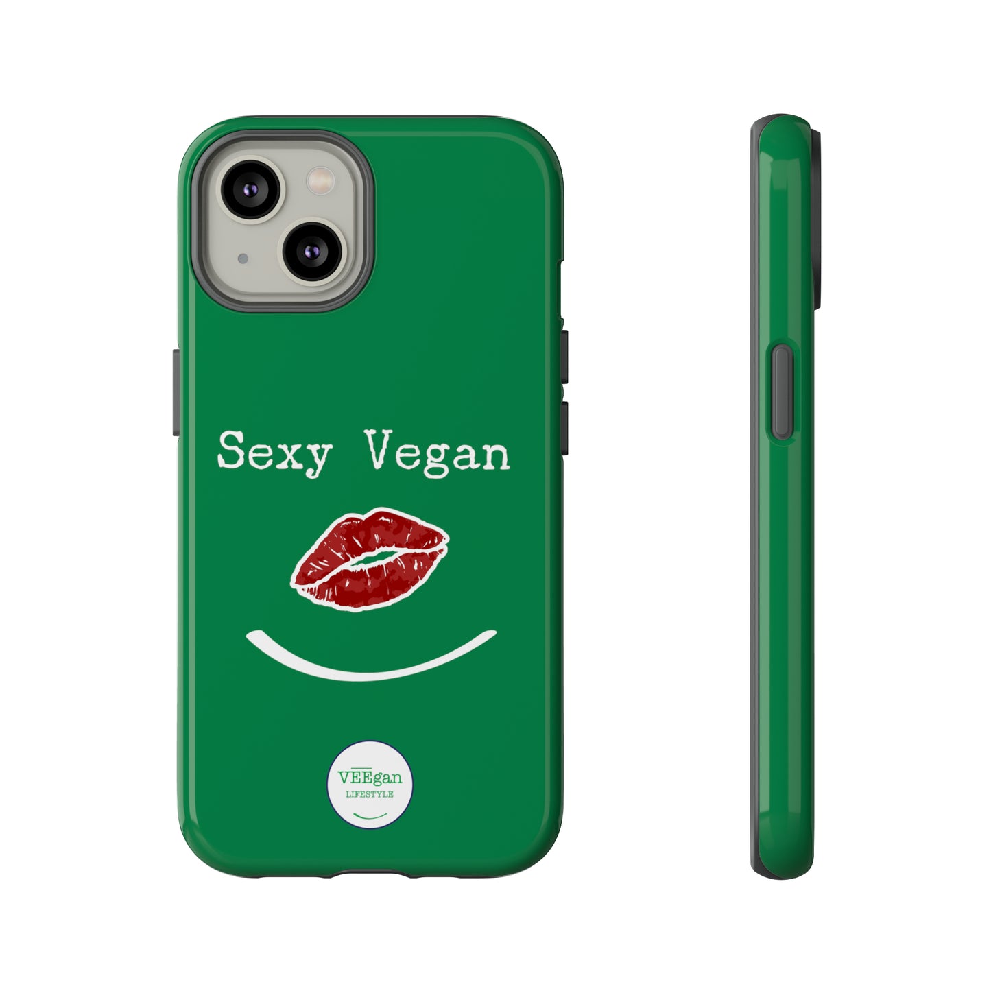 "Sexy Vegan" Tough Phone Case Green with lips and smile on white