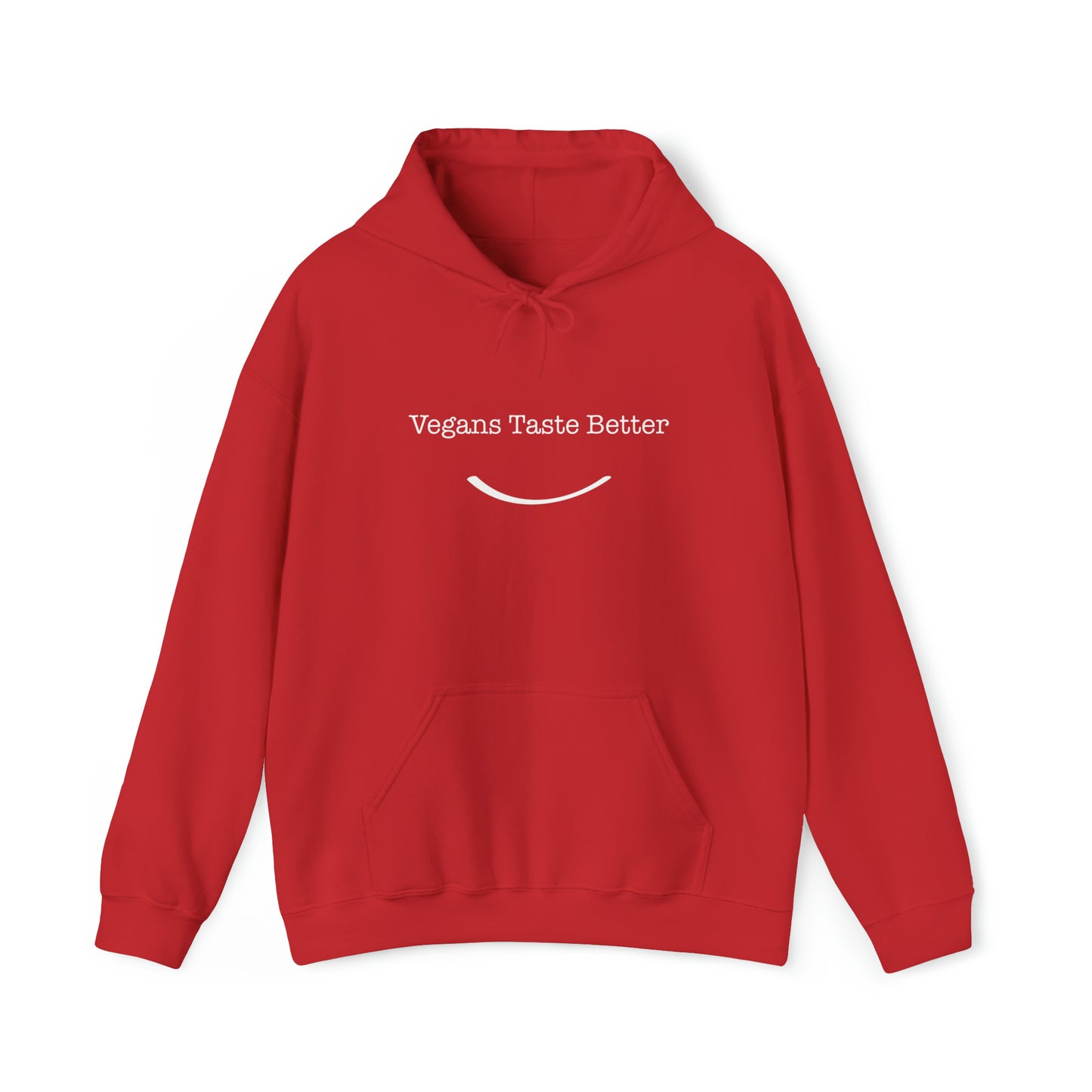 front view "Vegans Taste Better" red hoodie on white