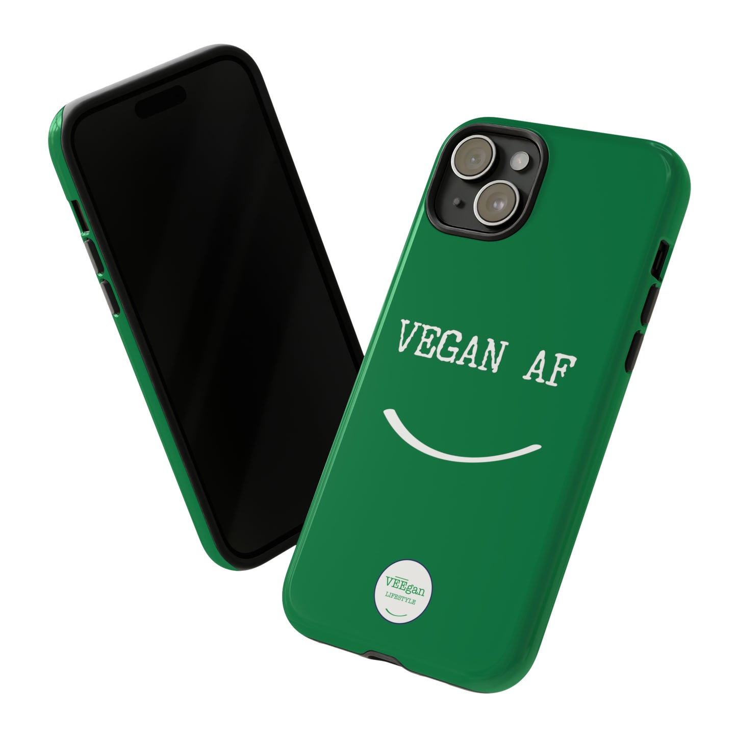 front view "Vegan AF" Tough green Phone Case with smile white background