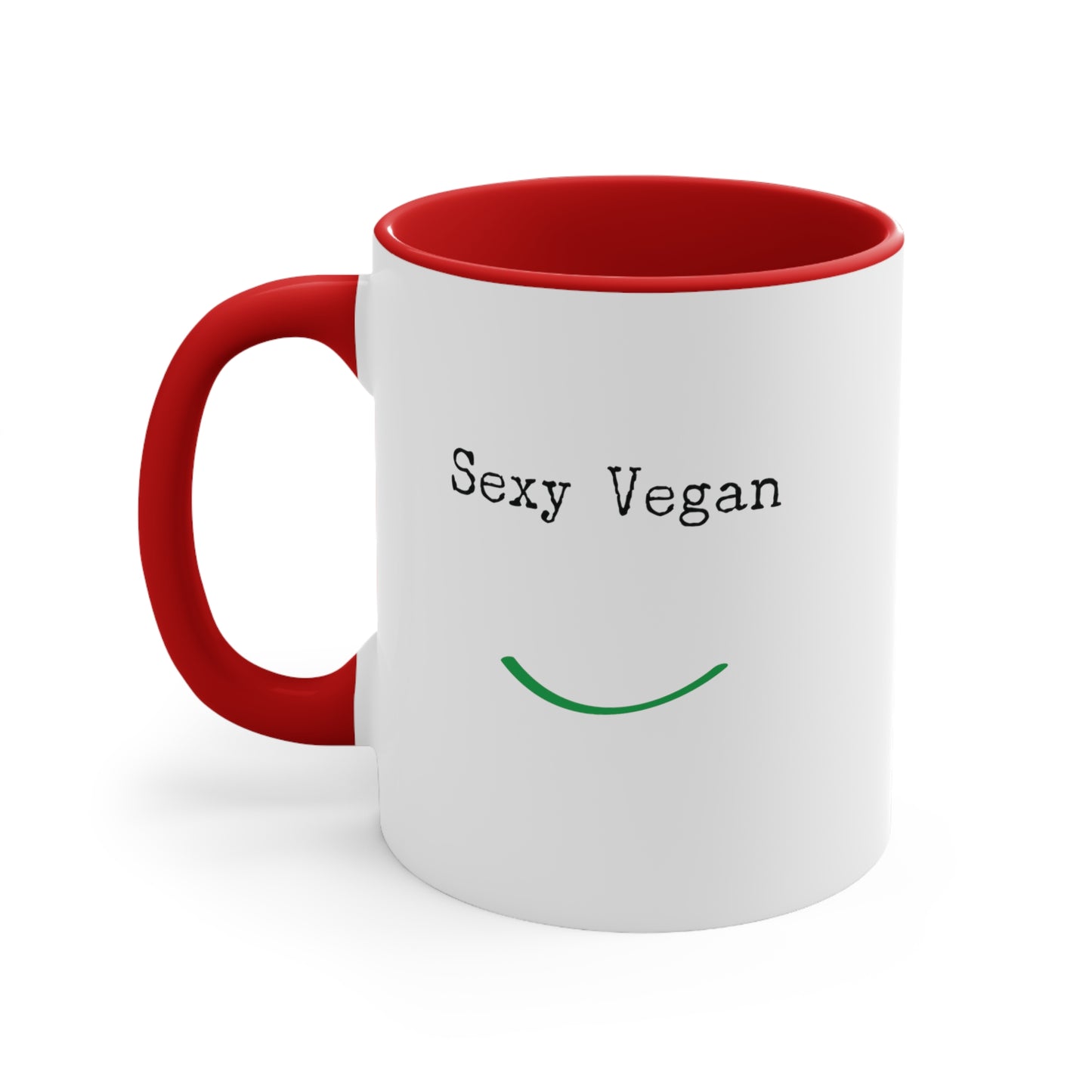 front "Sexy Vegan" red accent mug on white