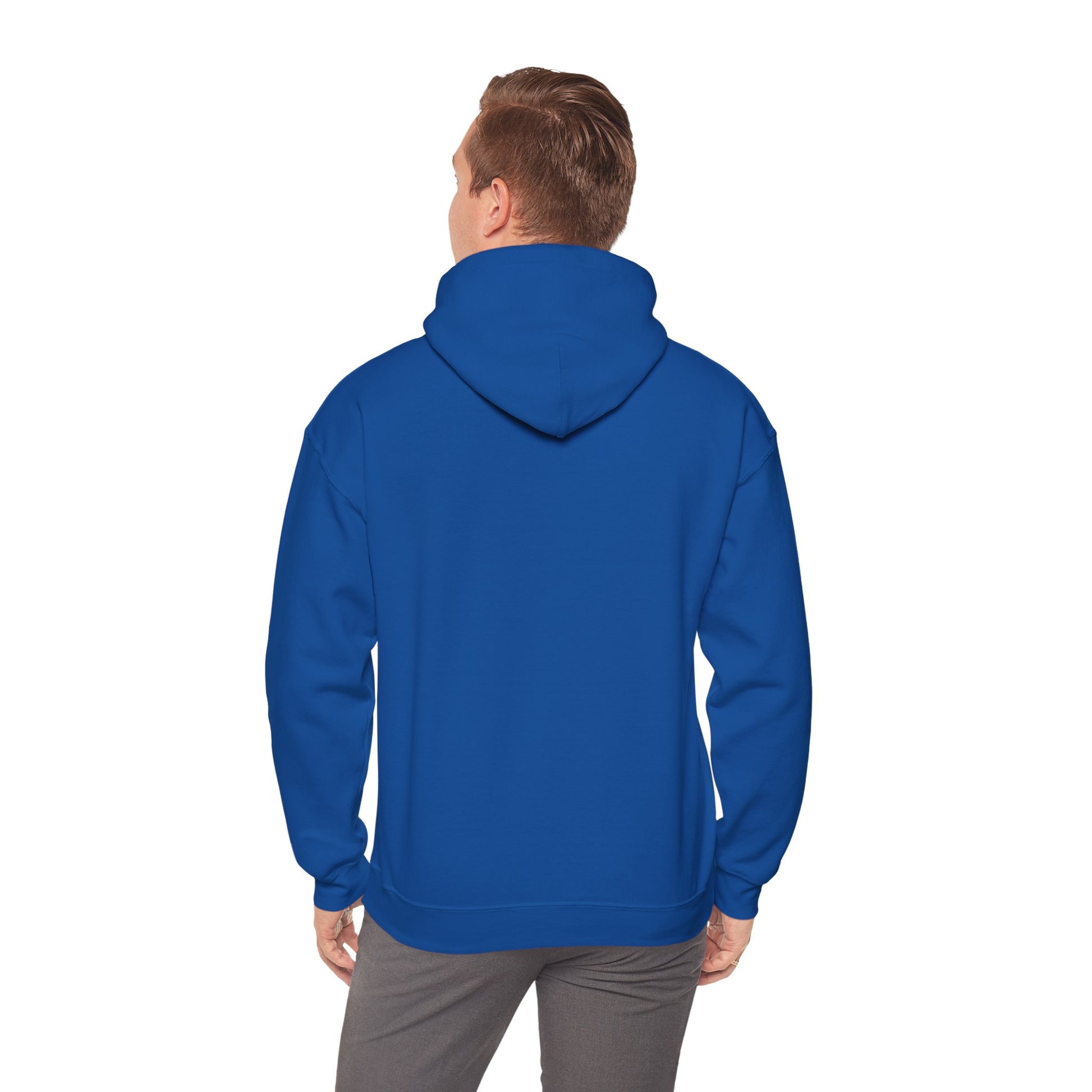 back view "Vegans Taste Better" blue hoodie on white male