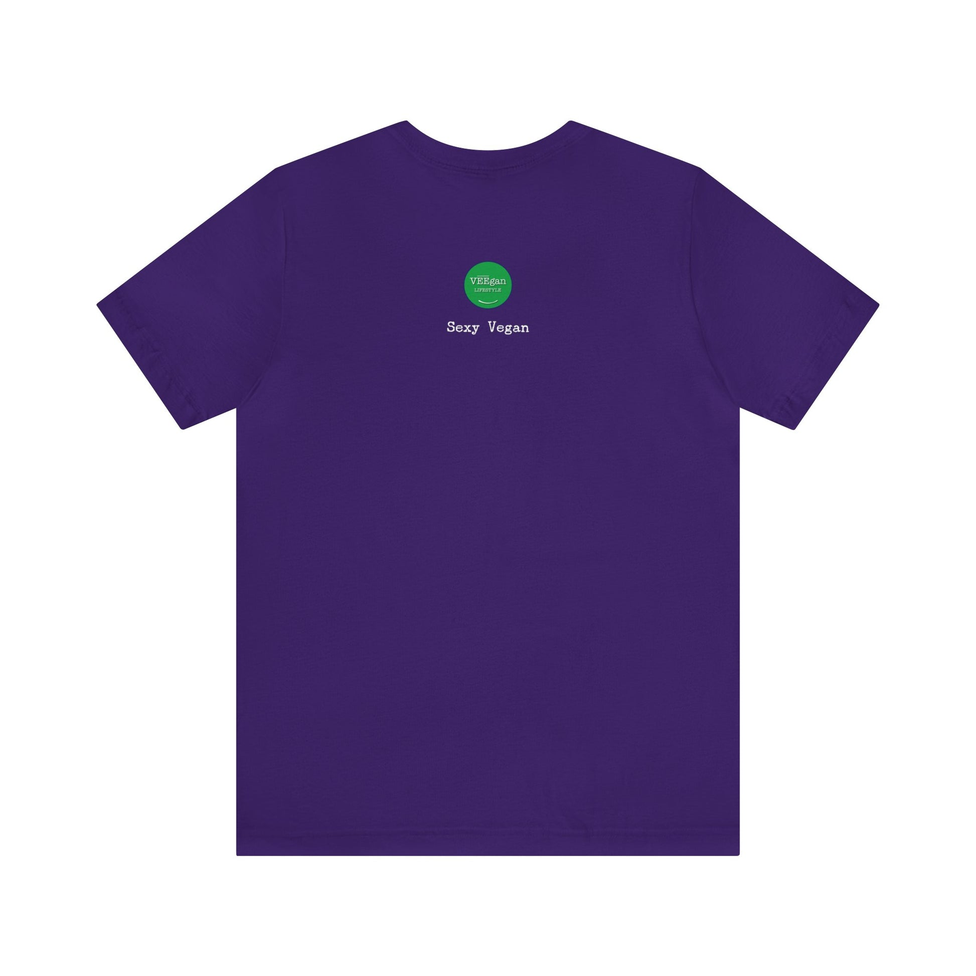 back "Sexy Vegan" purple t-shirt with smile on white 