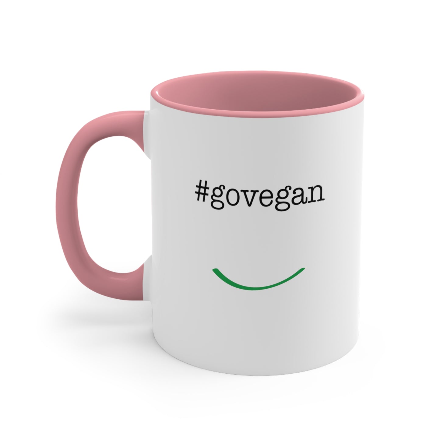 front view #govegan pink accent coffee mug on white background