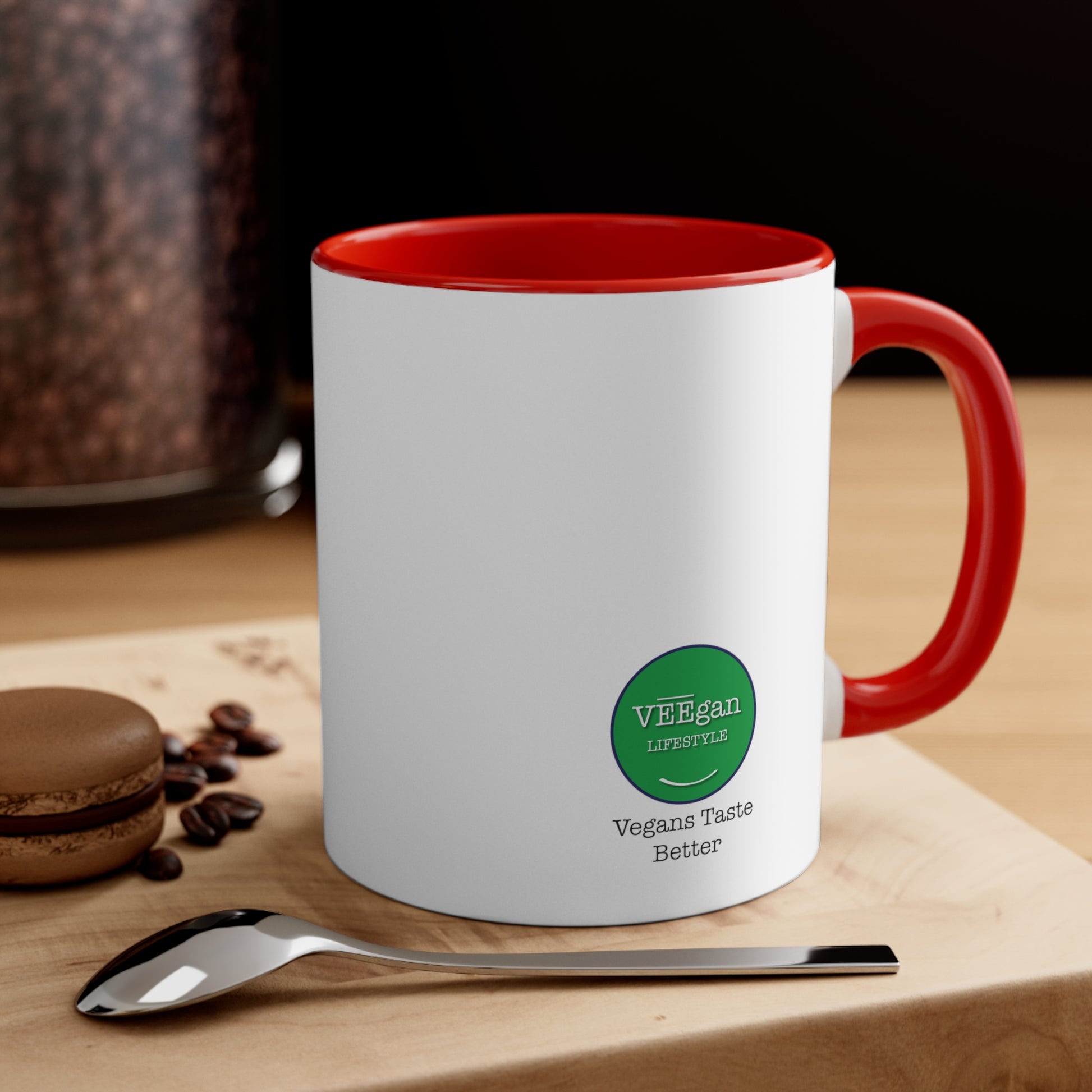 back view "Vegans Taste Better" red accent mug lifestyle setting