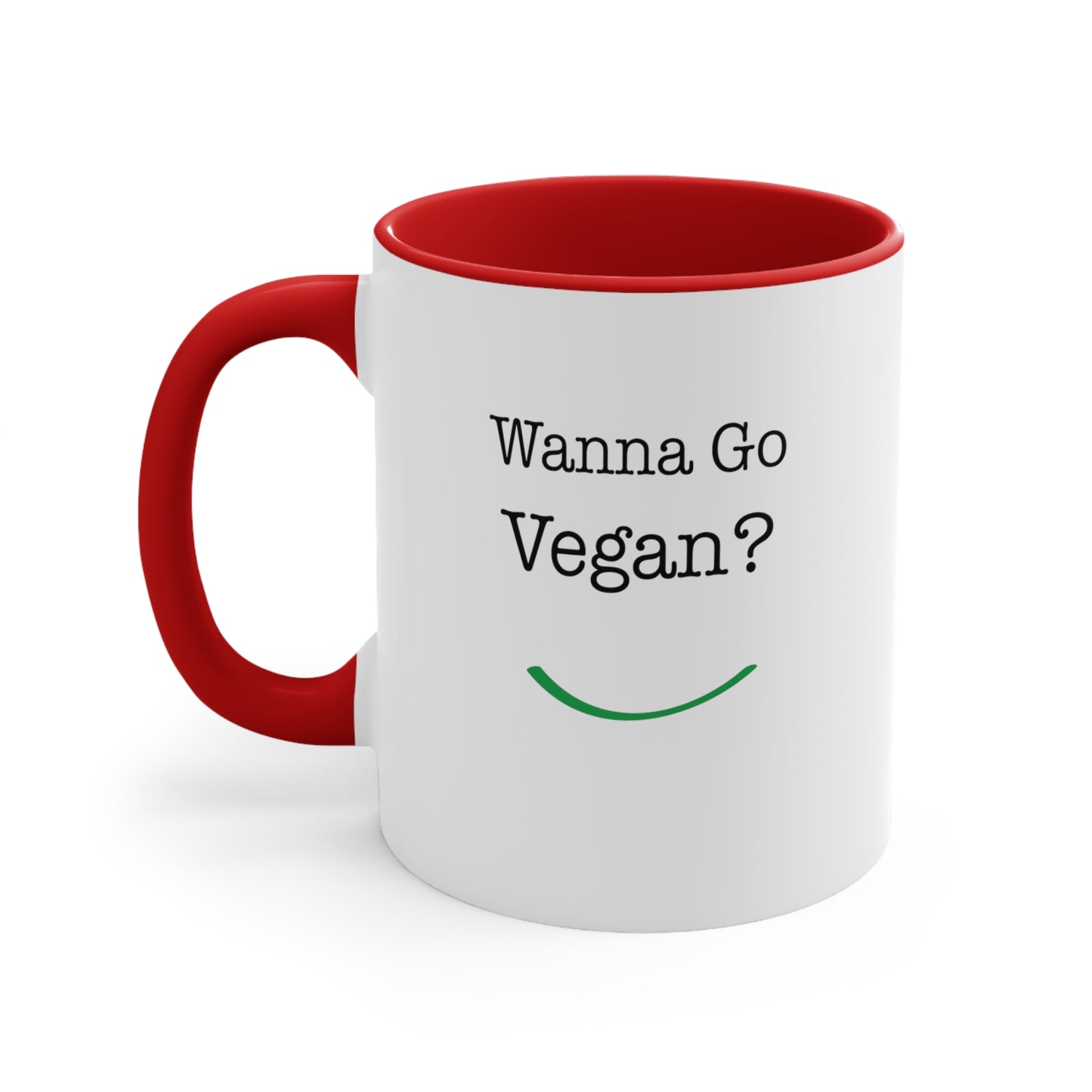 front view "Wanna Go Vegan?" red accent mug on white background