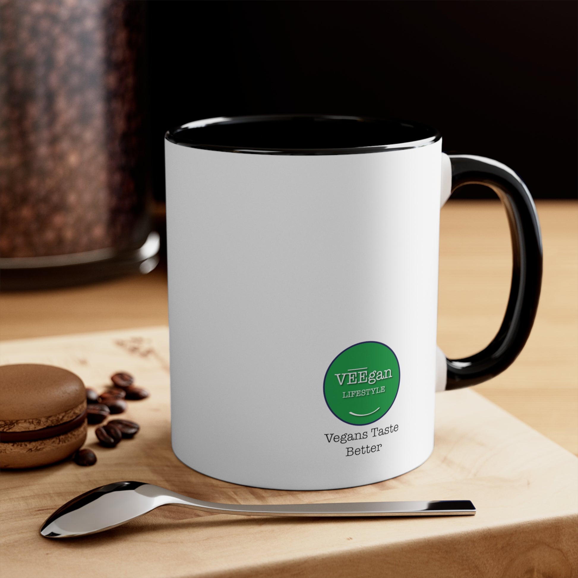 view "Vegans Taste Better" red accent mug in lifestyle setting