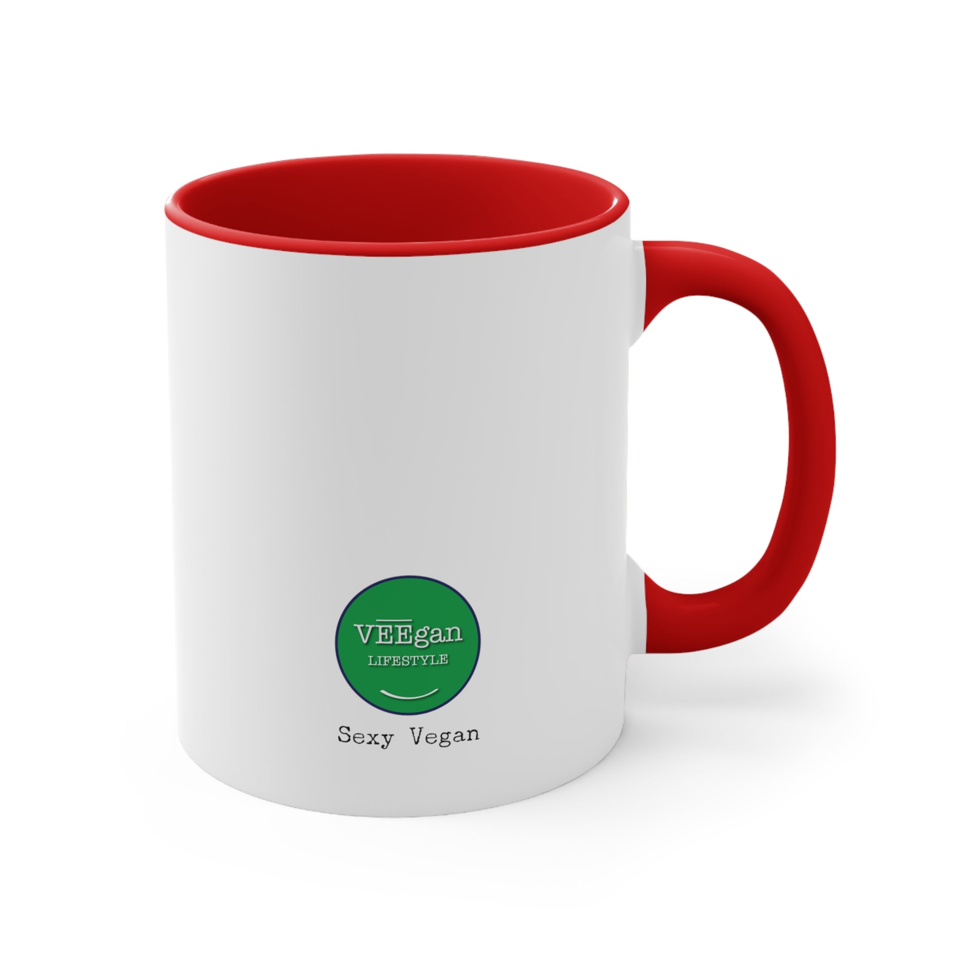 back "Sexy Vegan" red accent mug on white