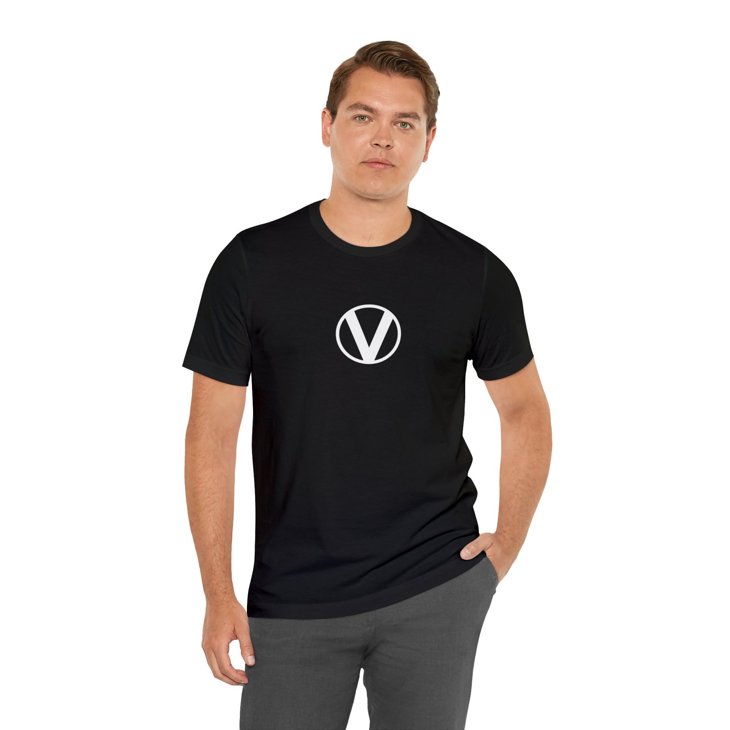 circled v vegan v symbol t-shirt on male 