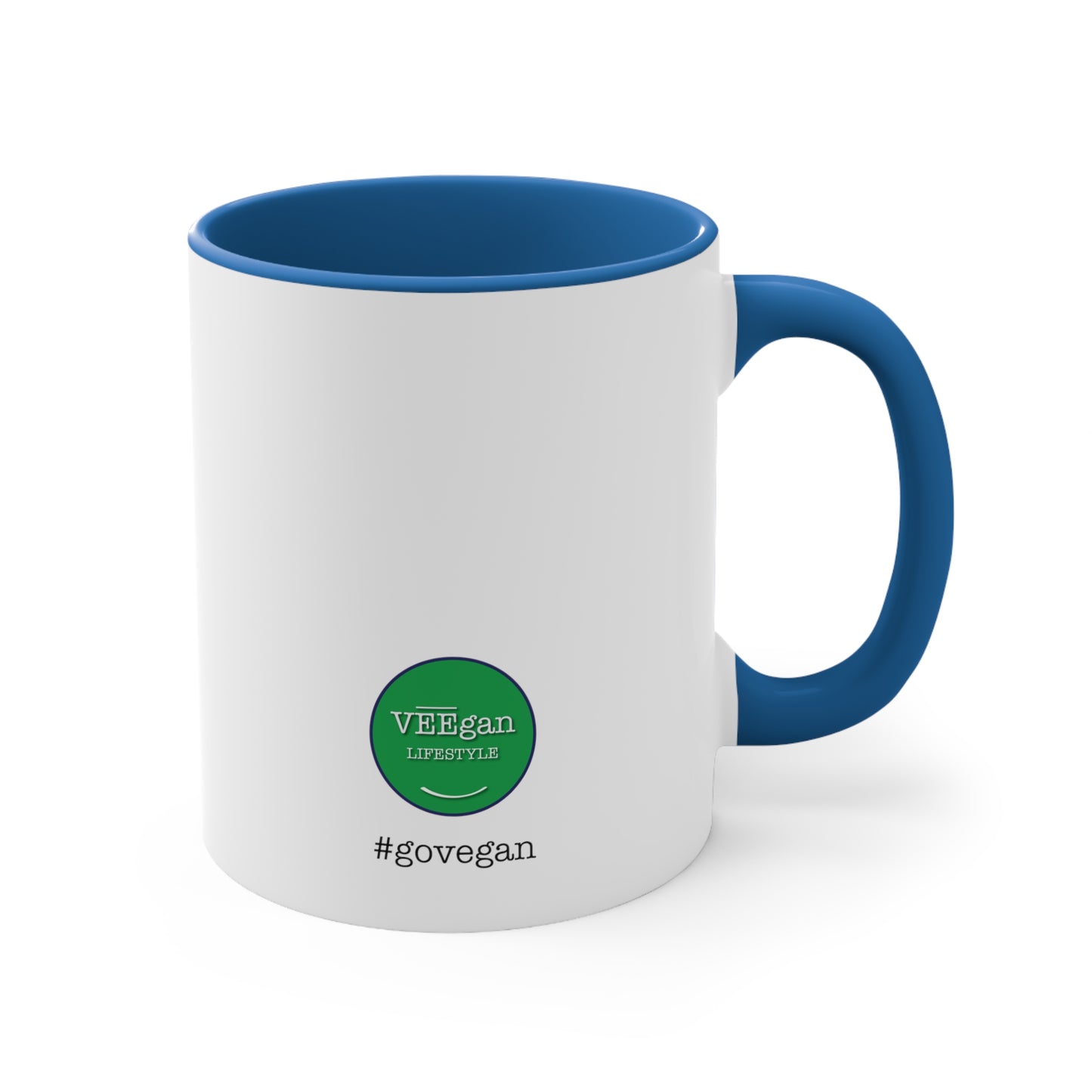 back view #govegan blue accent coffee mug on white background