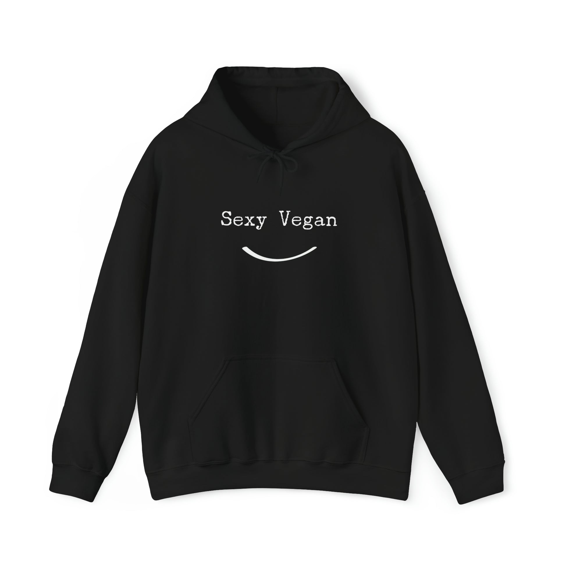 front "Sexy Vegan" black hoodie with smile on white