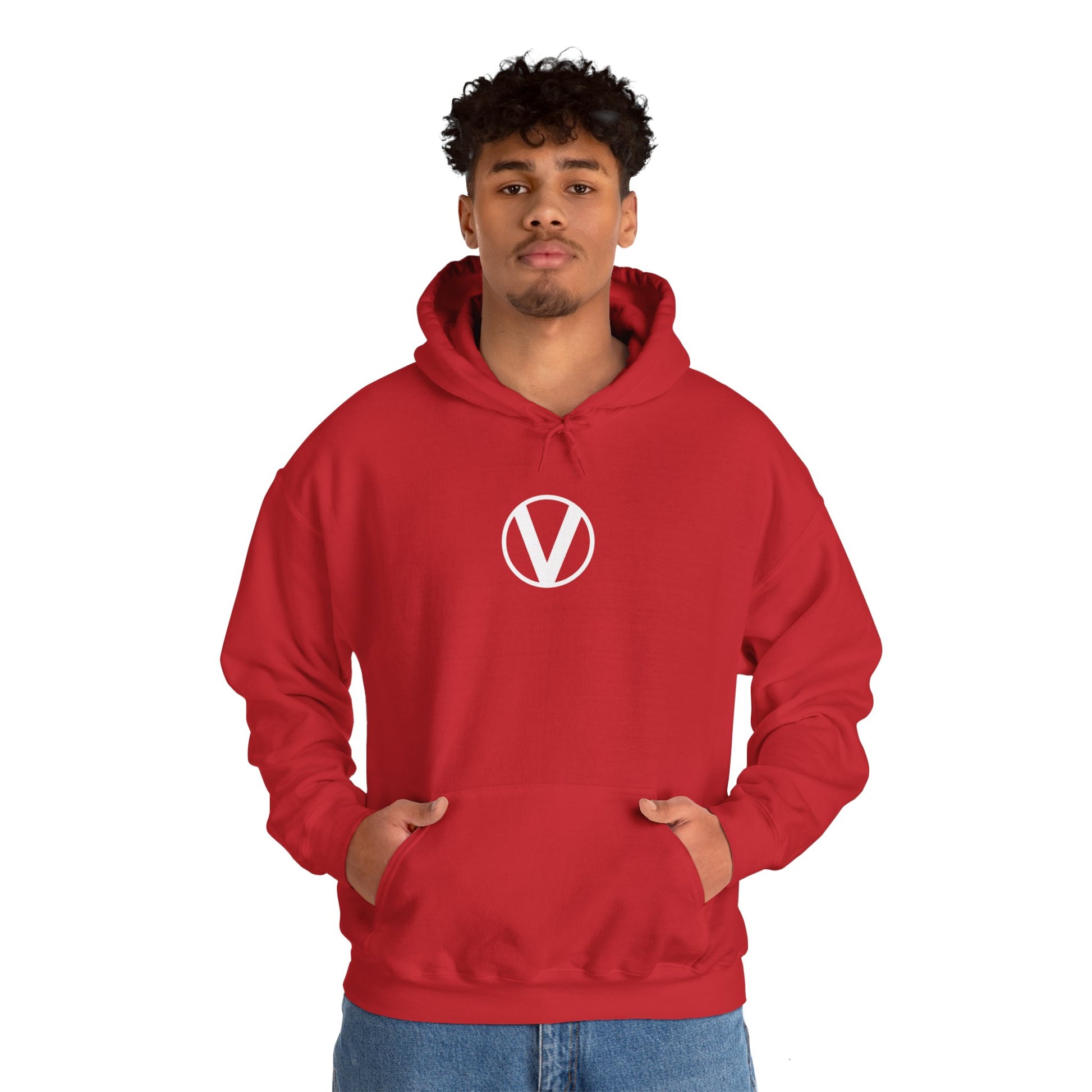 front Circled V hoodie red on white male, vegan v symbol