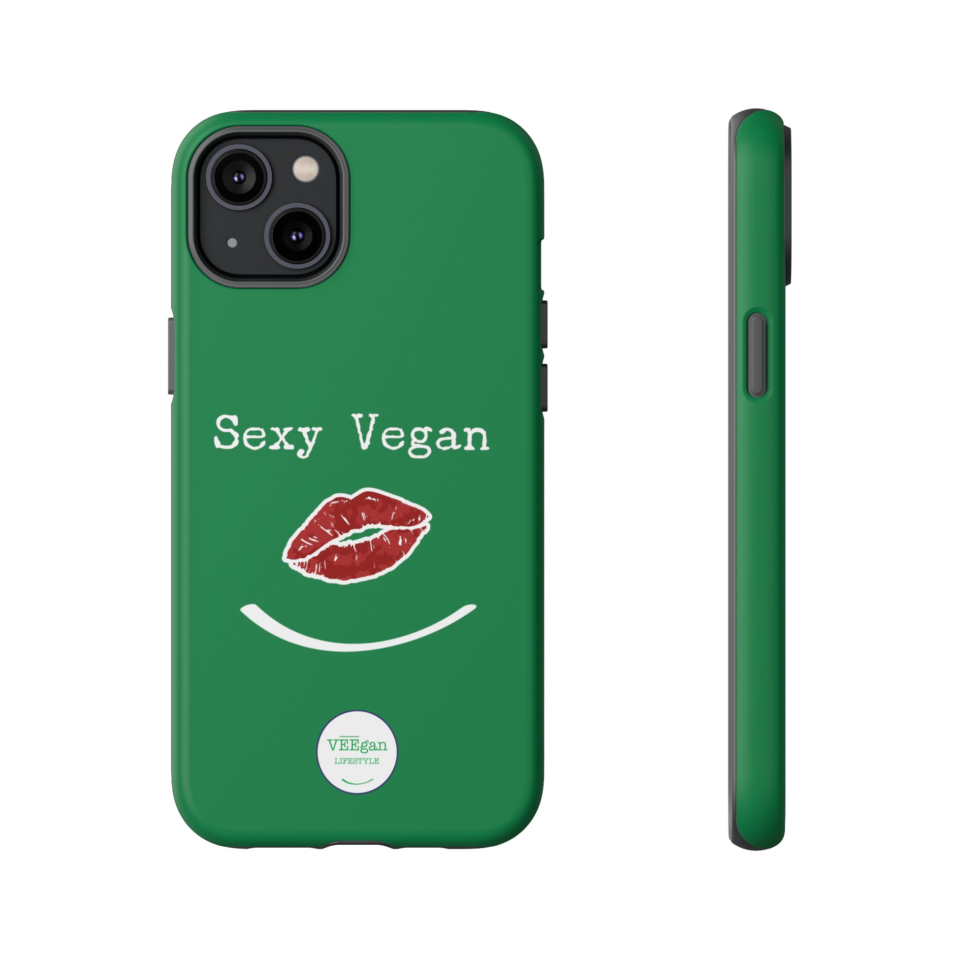 "Sexy Vegan" Tough Phone Case Green with lips and smile on white