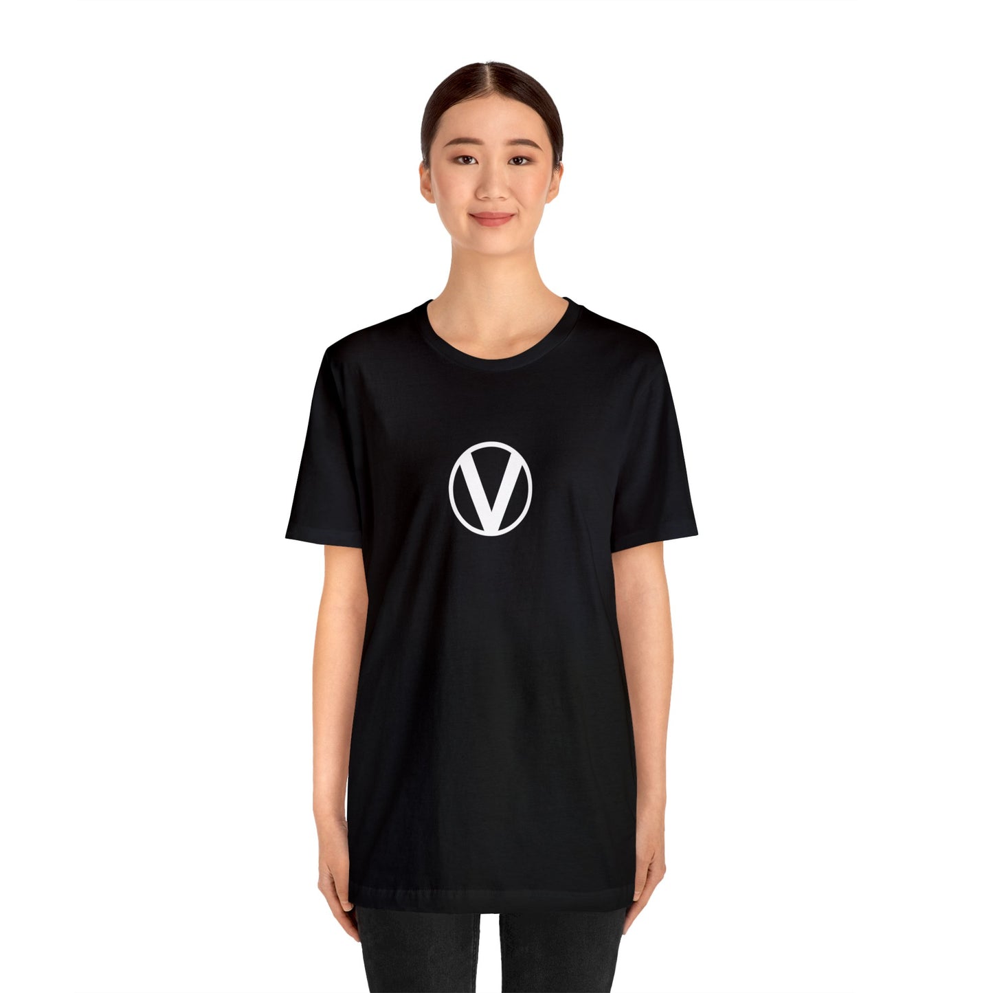 circled v vegan v symbol t-shirt on female 