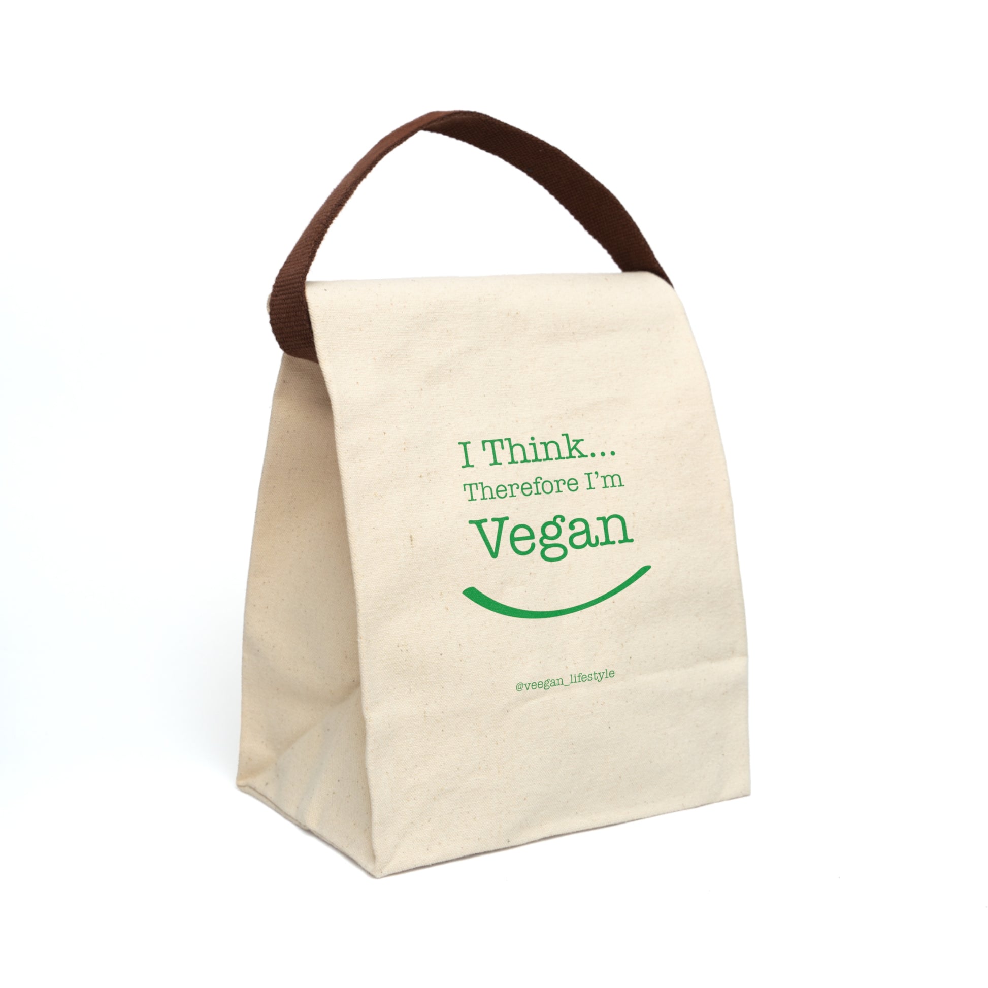 front "i Think Therefore I'm Vegan" reusable lunch bag on white