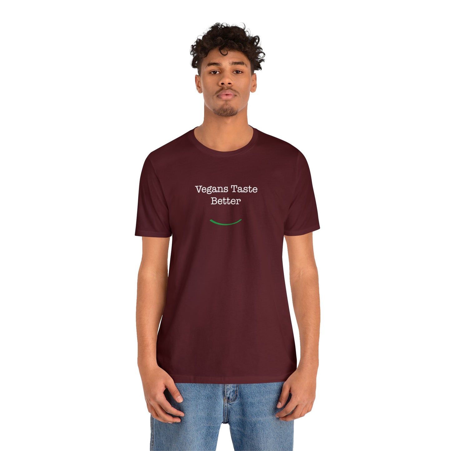 front view "Vegans Taste Better" cranberry unisex t-shirt on white male