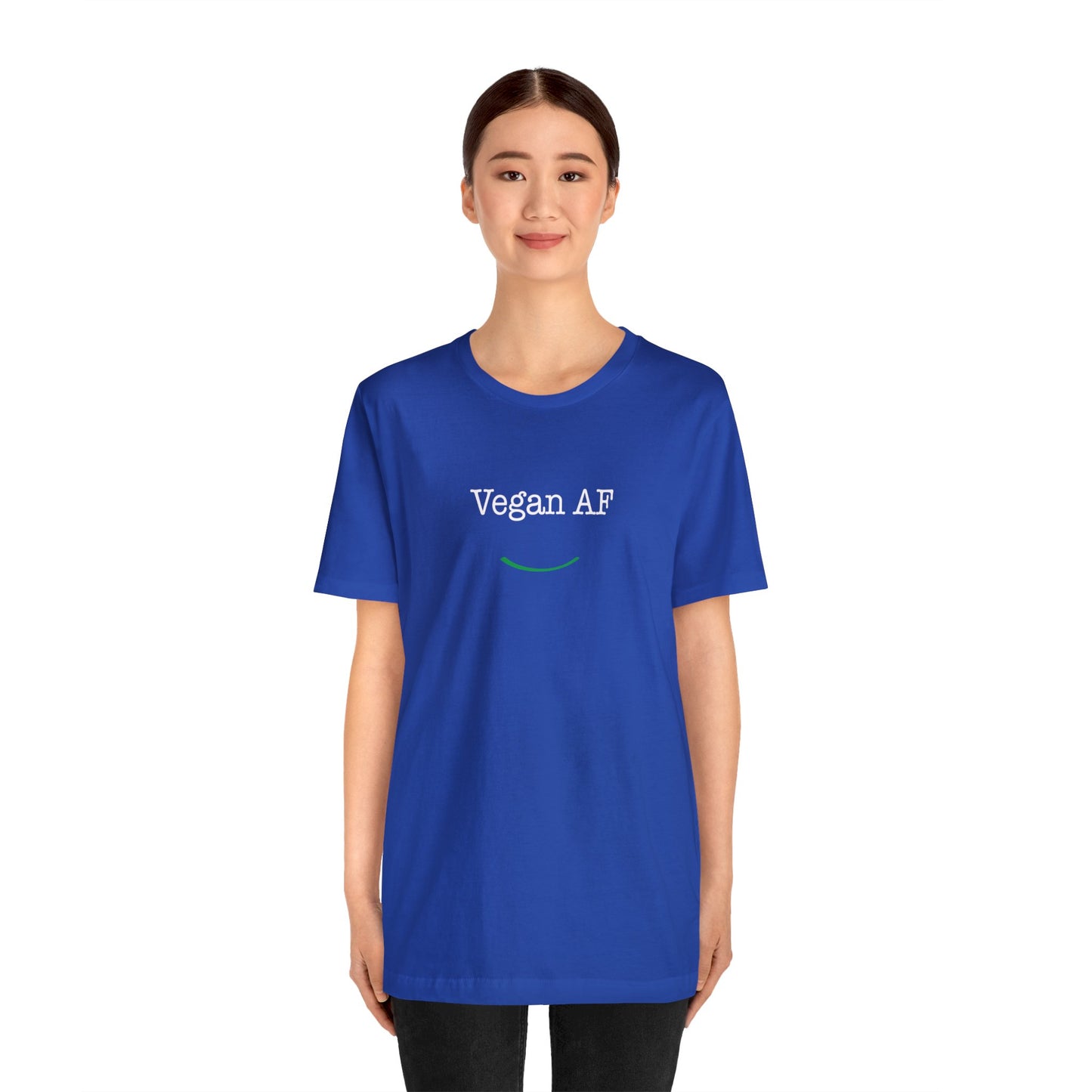 front view "Vegan AF" blue t-shirt with smile white background female