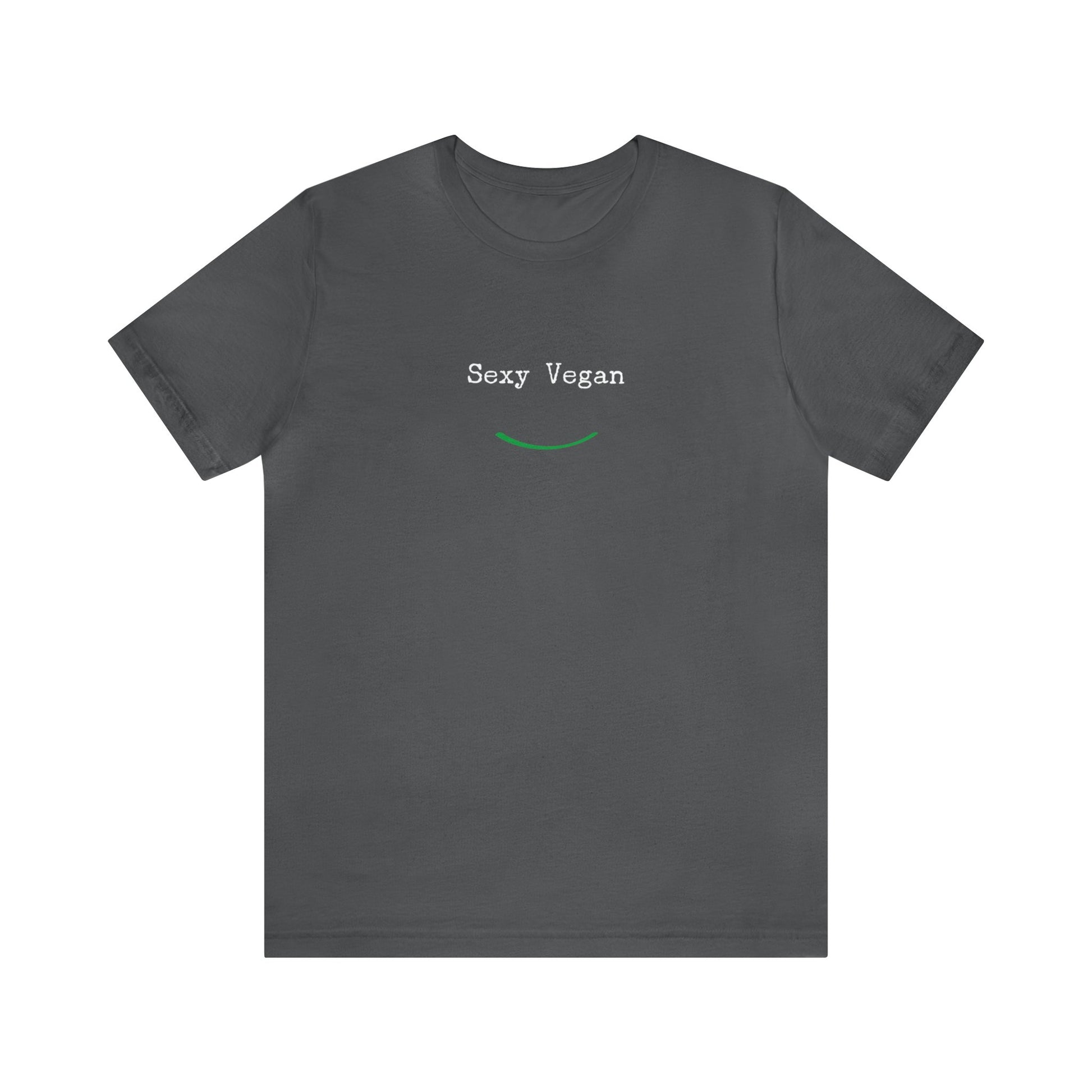 front "Sexy Vegan" grey t-shirt with smile on white 