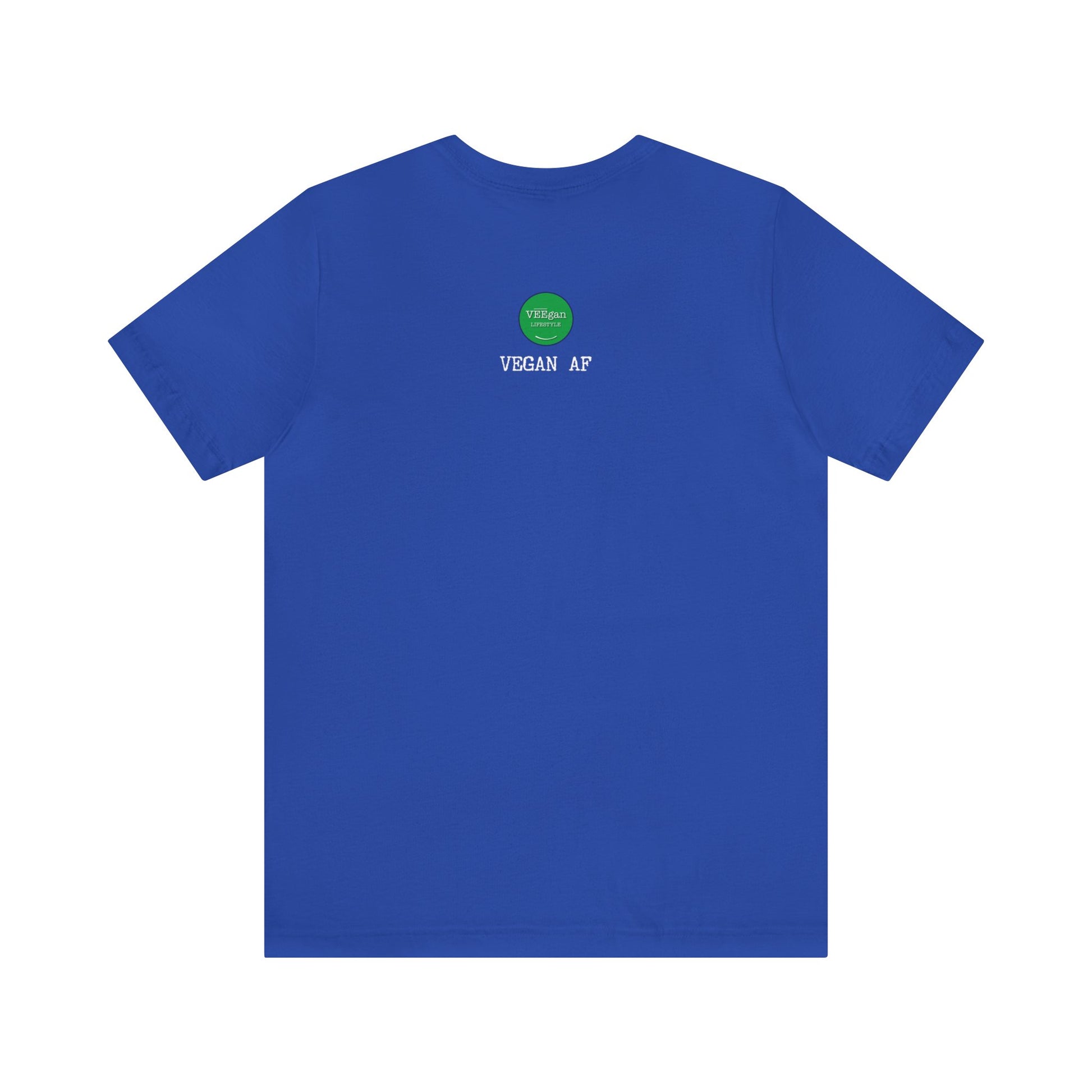 back view "Vegan AF" blue t-shirt with smile white background