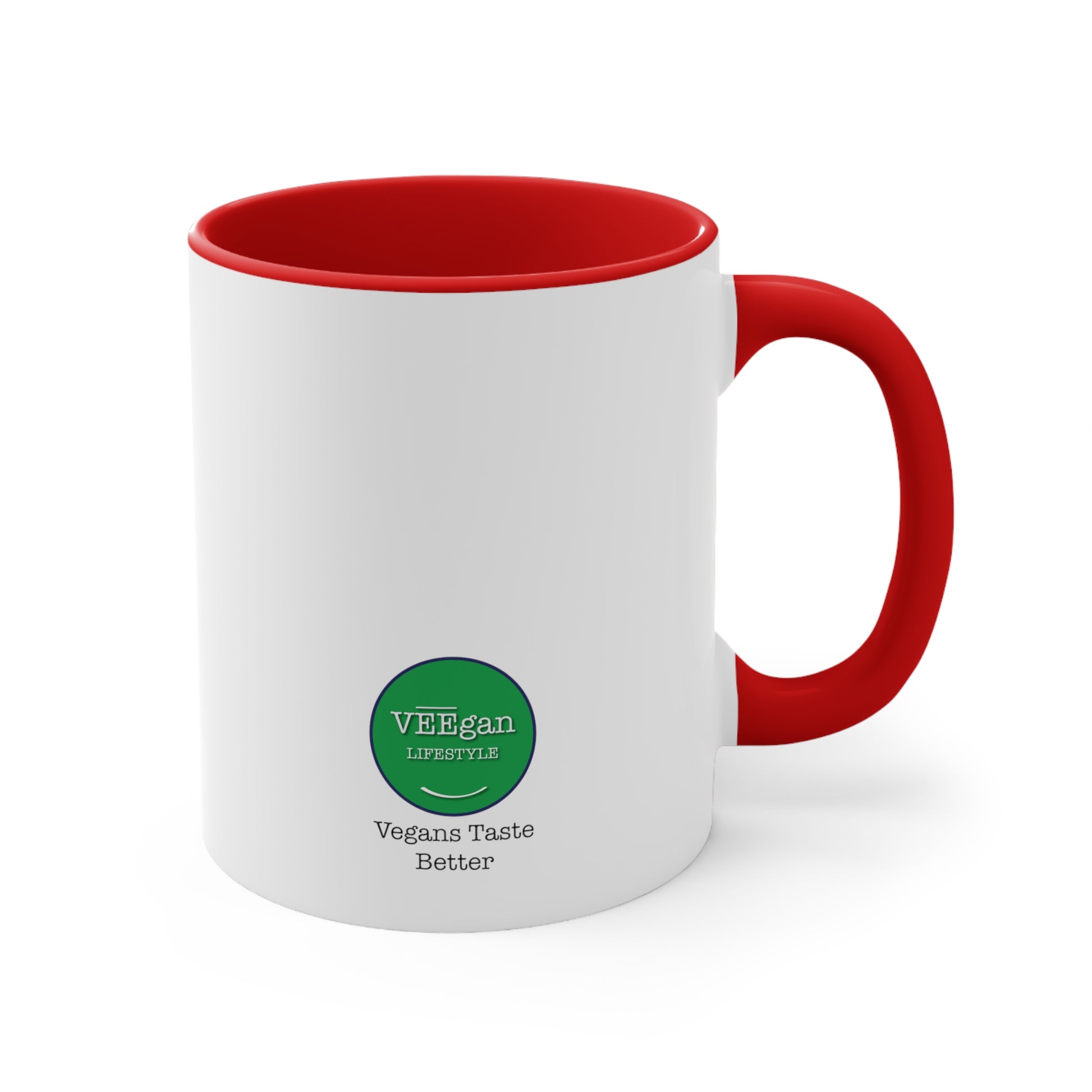 back view "Vegans Taste Better" red accent mug on white background