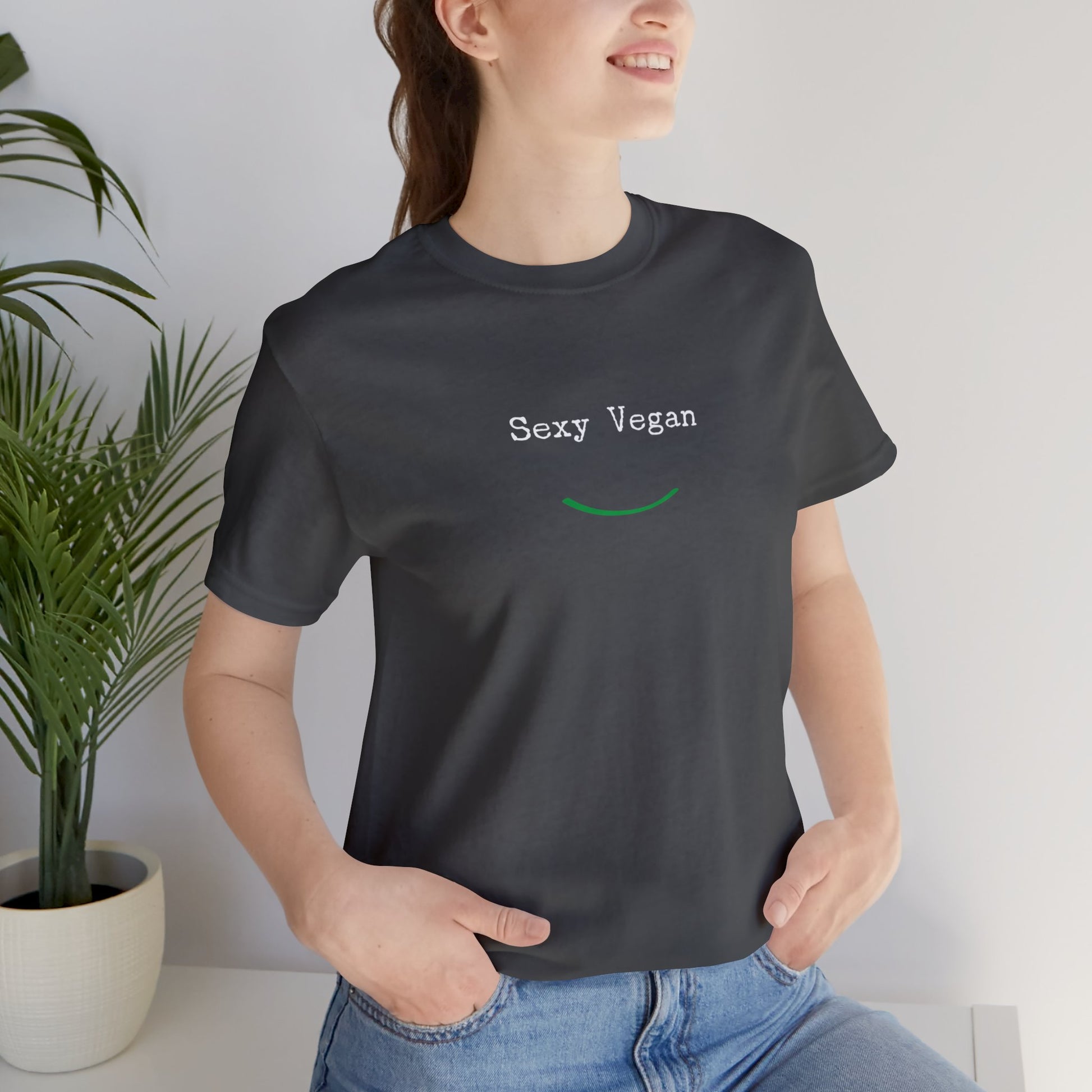 front "Sexy Vegan" grey t-shirt with smile female lifestyle