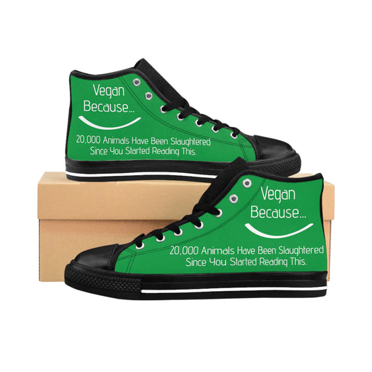 front view "Vegan Because.." green high top sneakers on white background