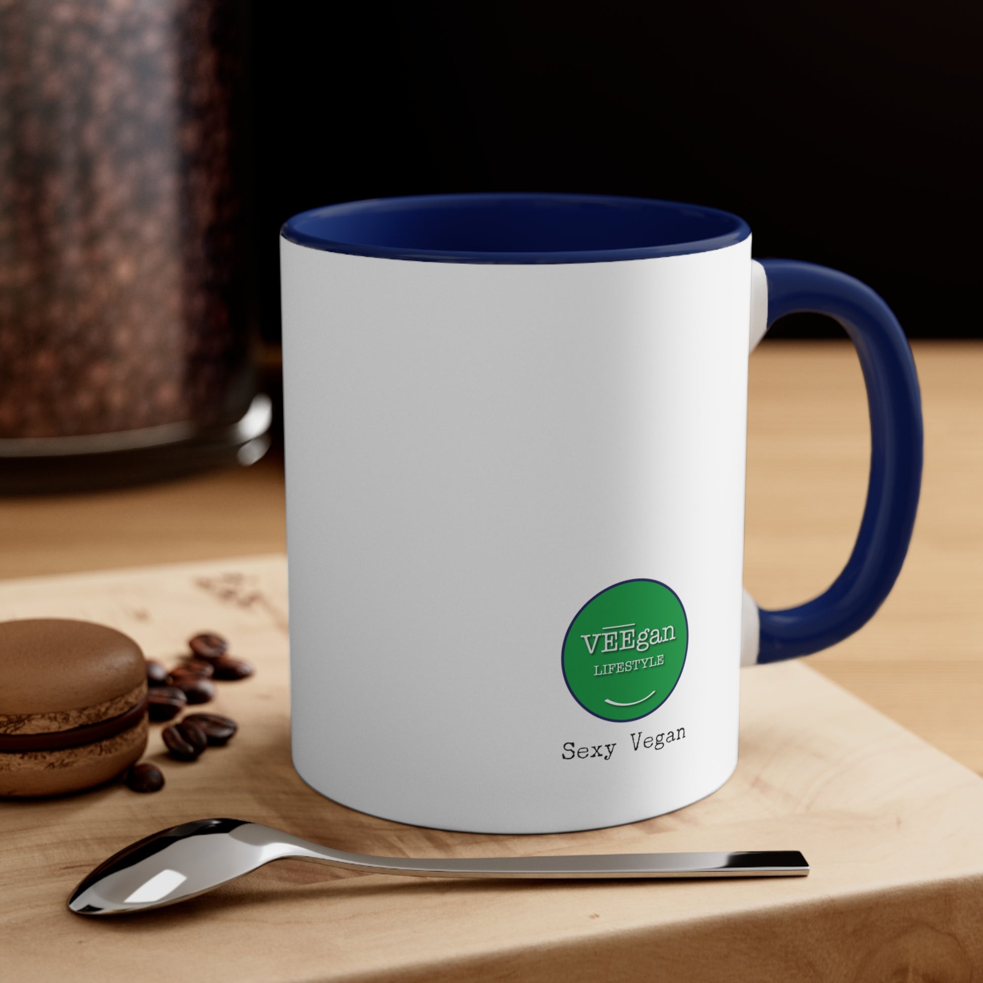 "Sexy Vegan" blue accent mug back lifestyle