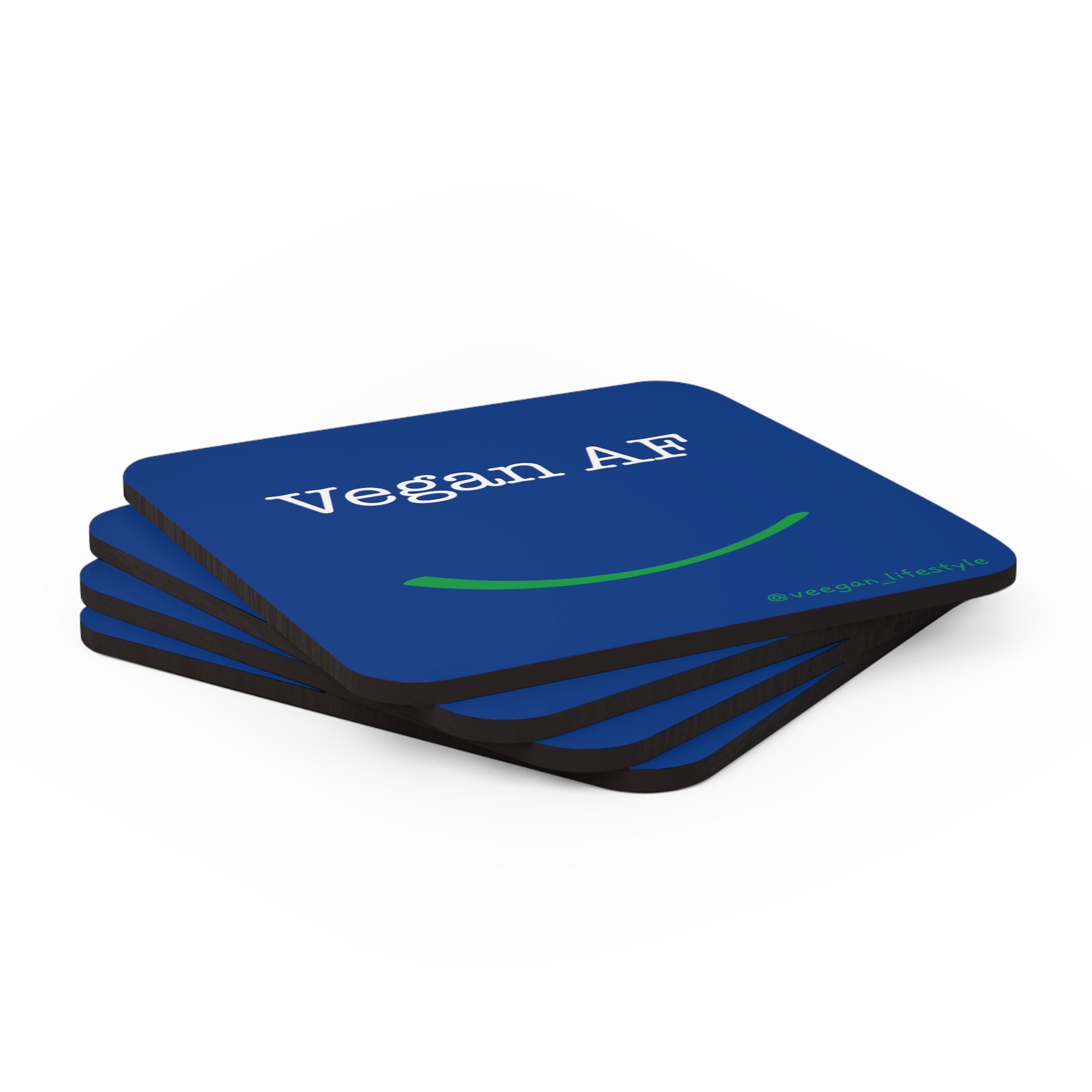 front view "Vegan AF" square blue coaster set with smile white background