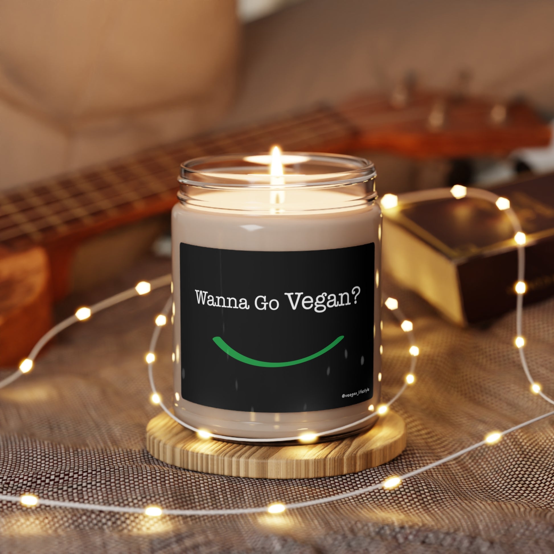 front view "Wanna Go Vegan?" scented candle in romantic setting