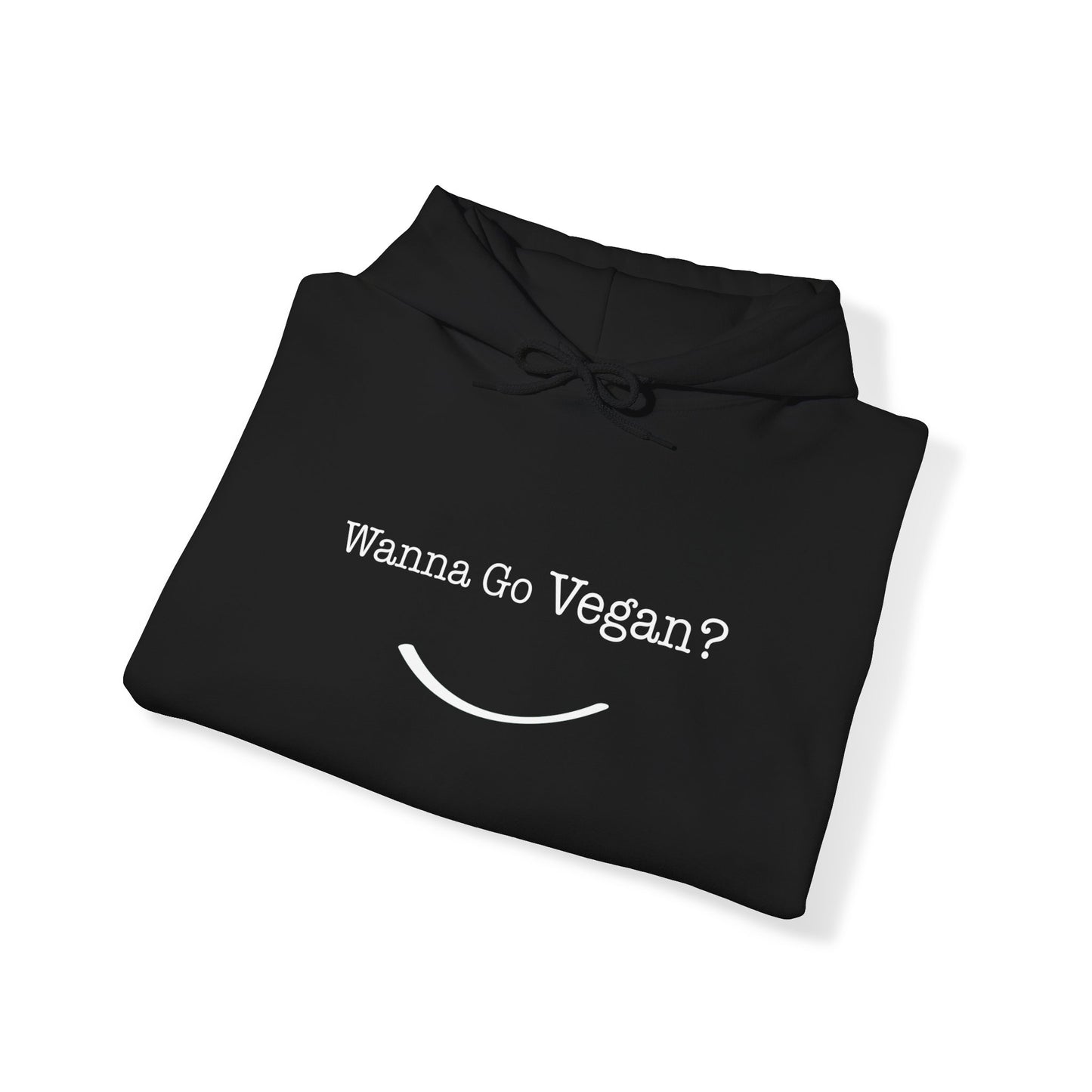 front view "Wanna Go Vegan?" black hoodie on white background folded