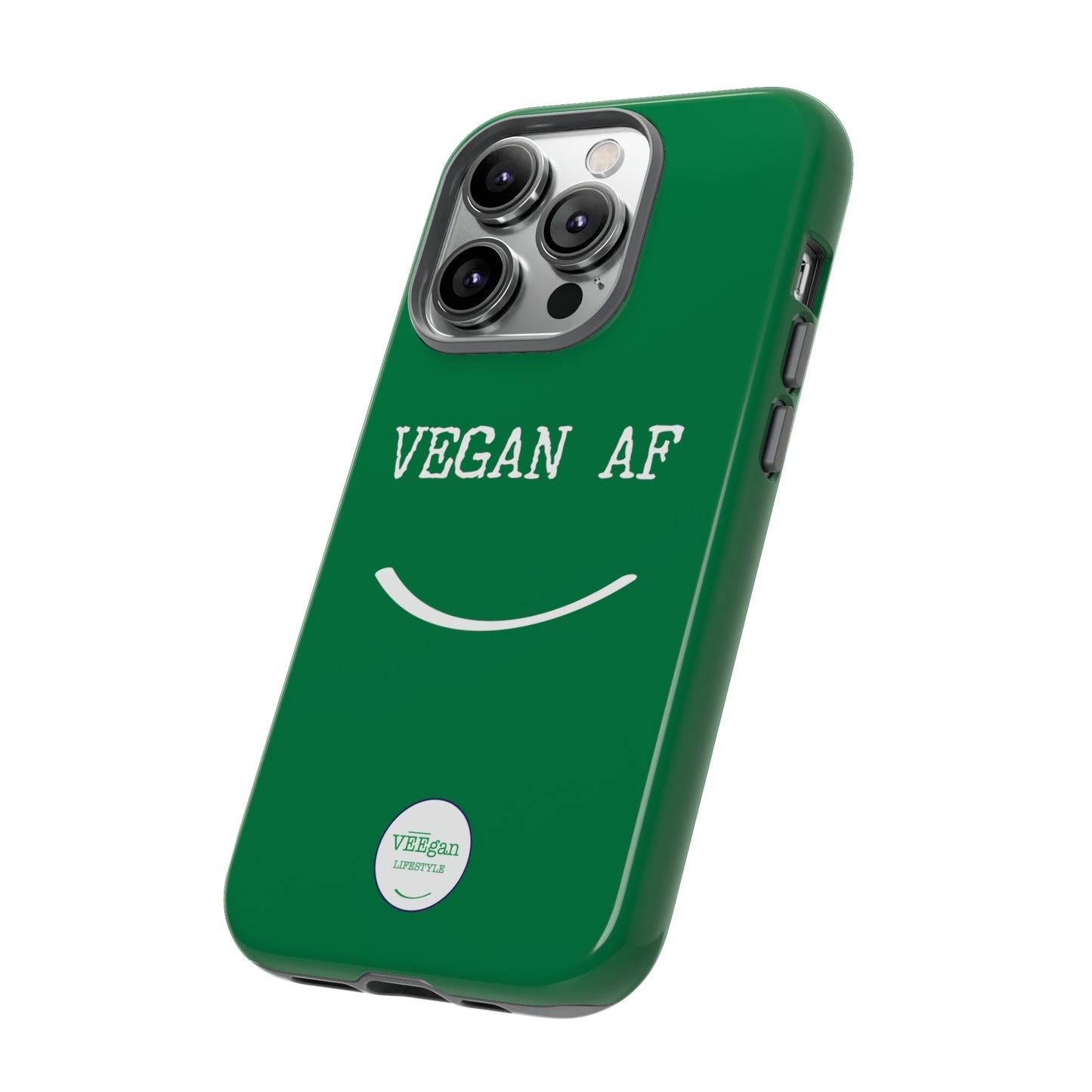 front view "Vegan AF" Tough green Phone Case with smile white background