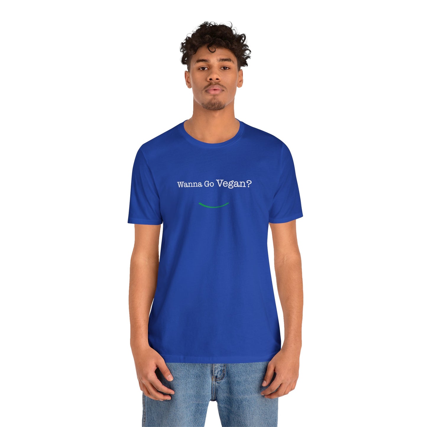 back view "Wanna Go Vegan?" blue unisex t-shirt on white background male