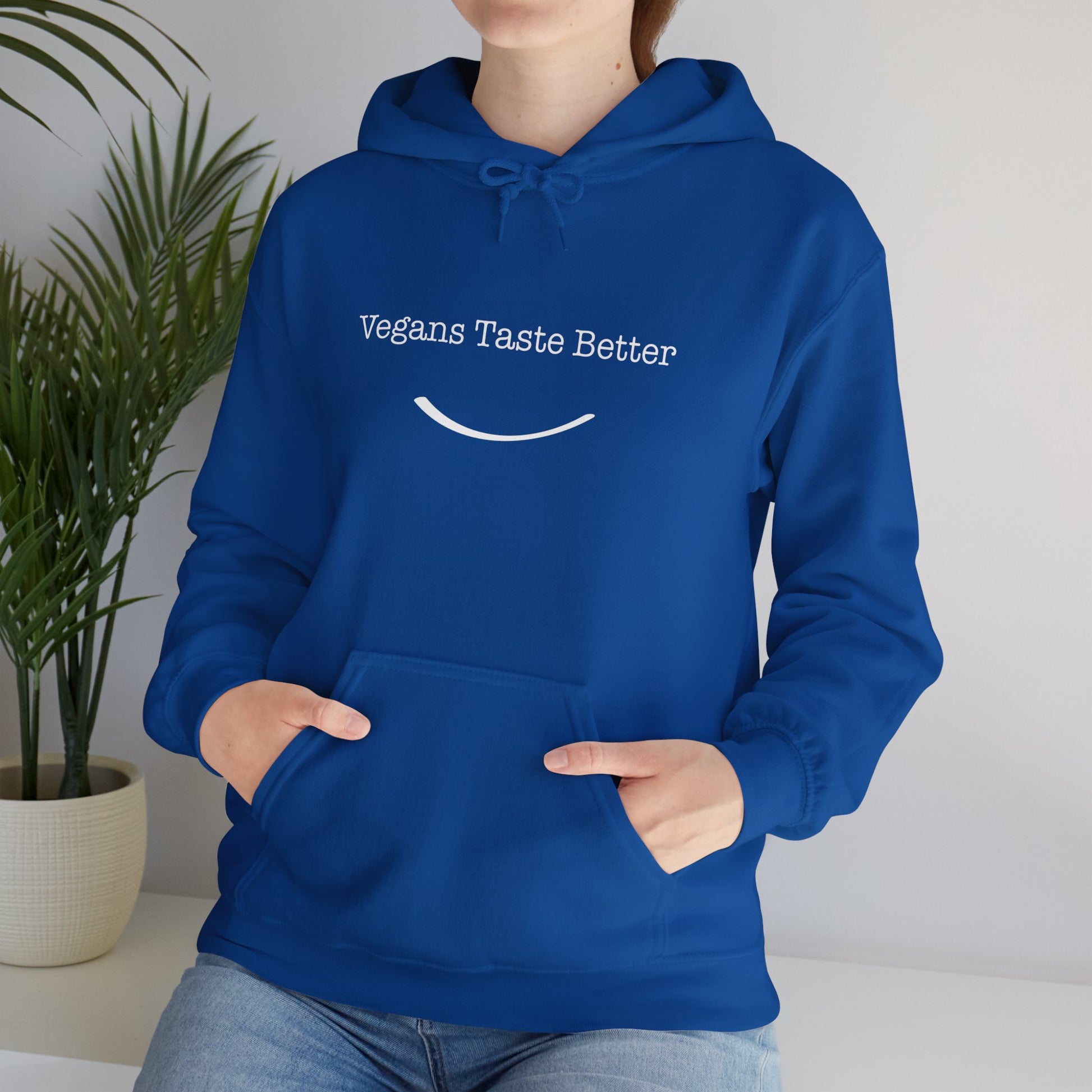 front view "Vegans Taste Better" blue hoodie lifestyle female