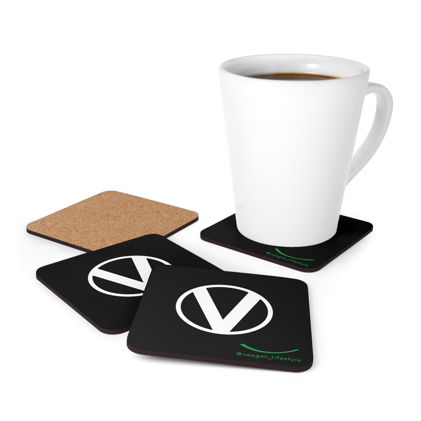 front front Circle-V coasters on white set of 4 with  coffee