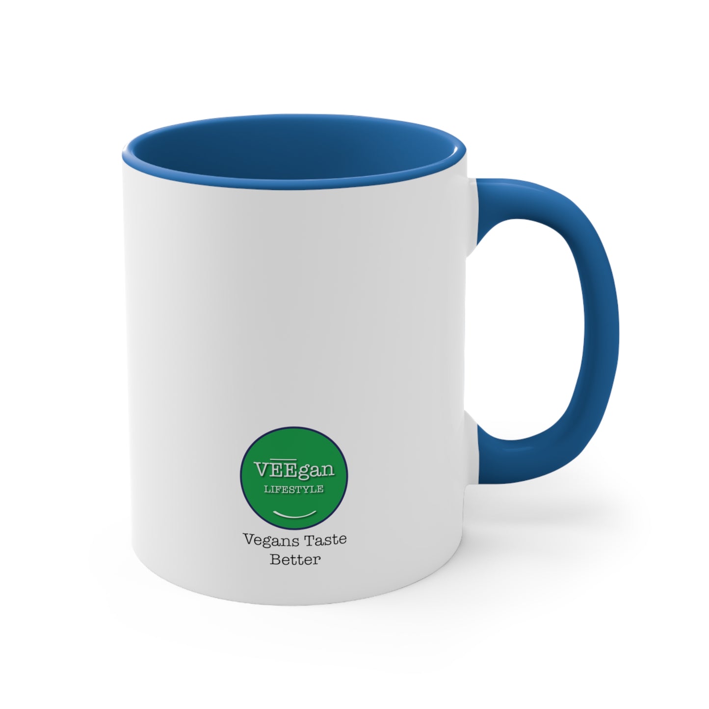 back view "Vegans Taste Better" blue accent mug on white background