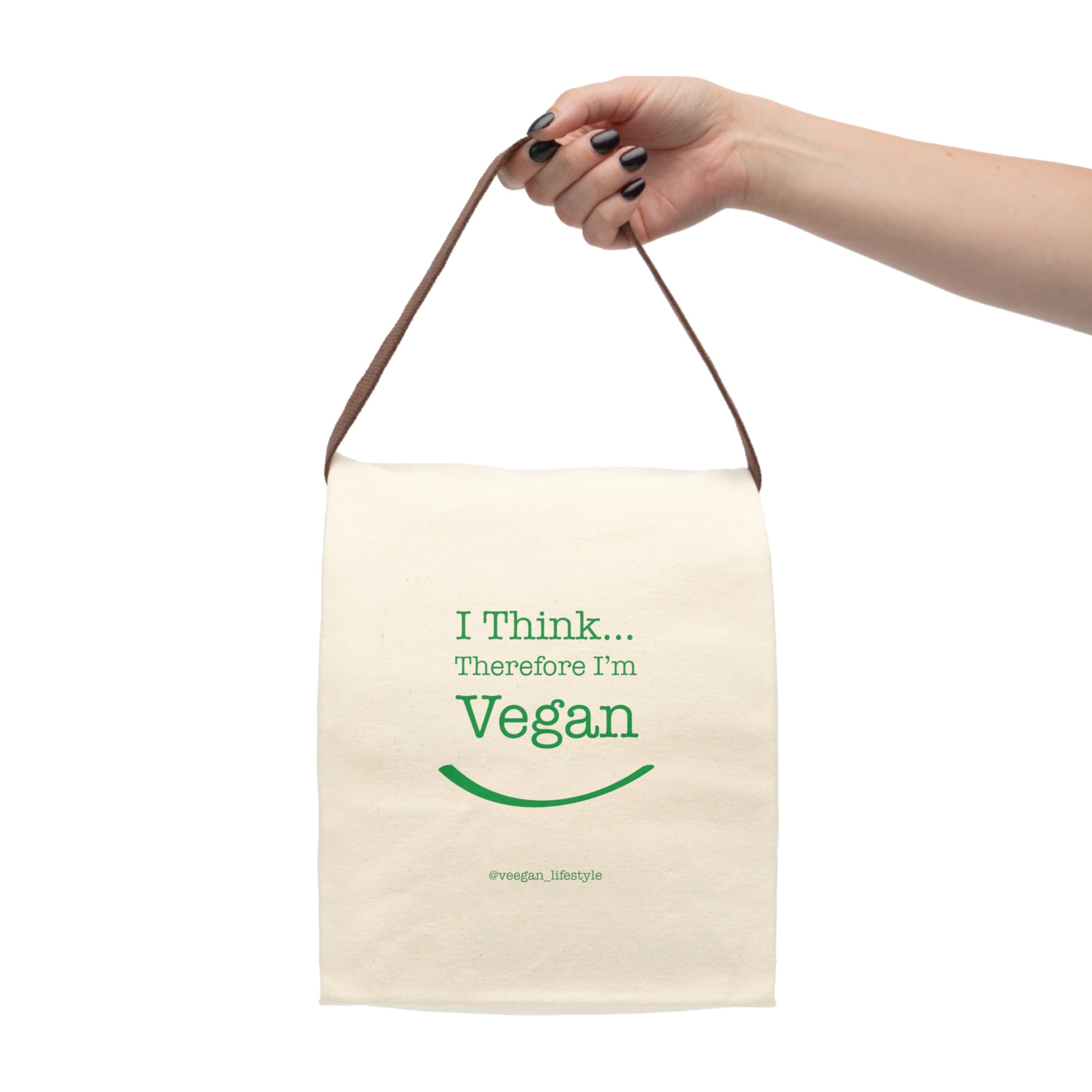 front "i Think Therefore I'm Vegan" reusable lunch bag on white