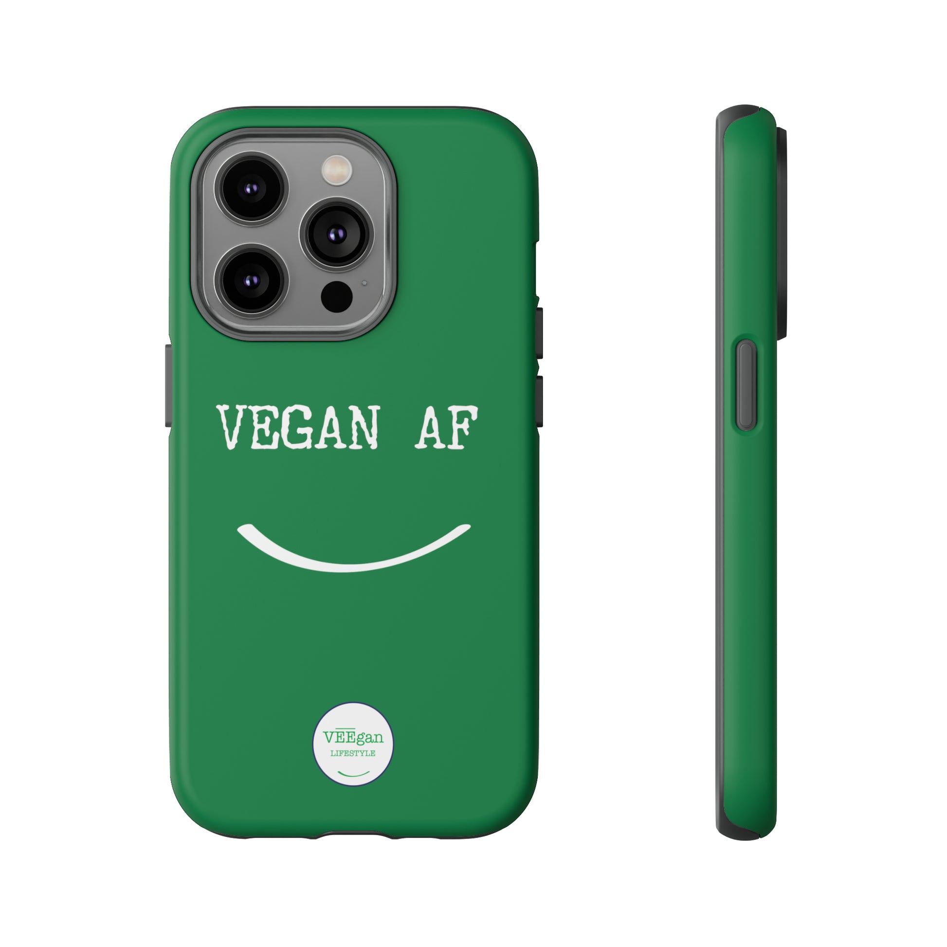 front view "Vegan AF" Tough green Phone Case with smile white background