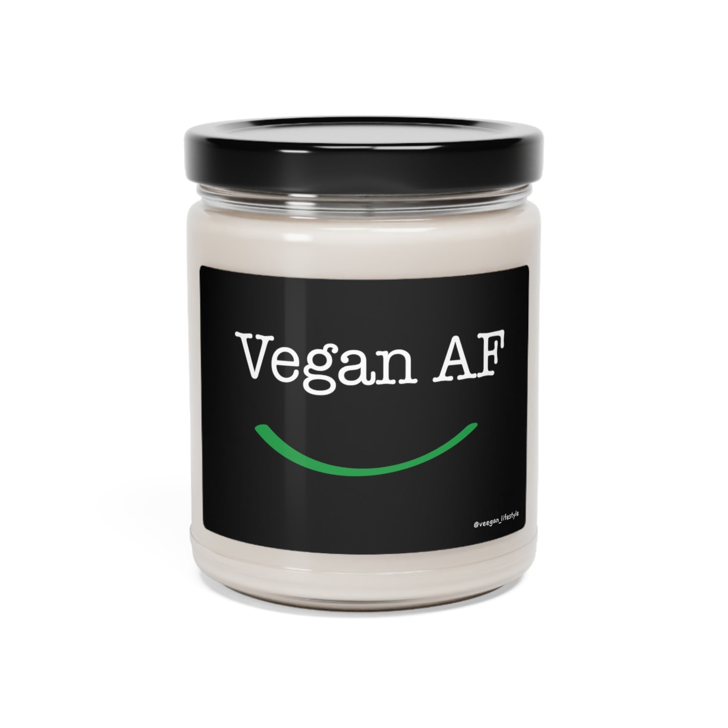 front view "Vegan AF" scented candle with smile white background