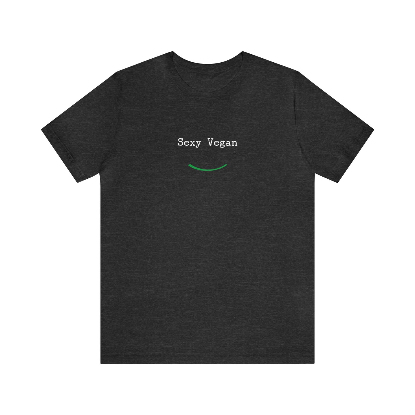 front "Sexy Vegan" black t-shirt with smile on white