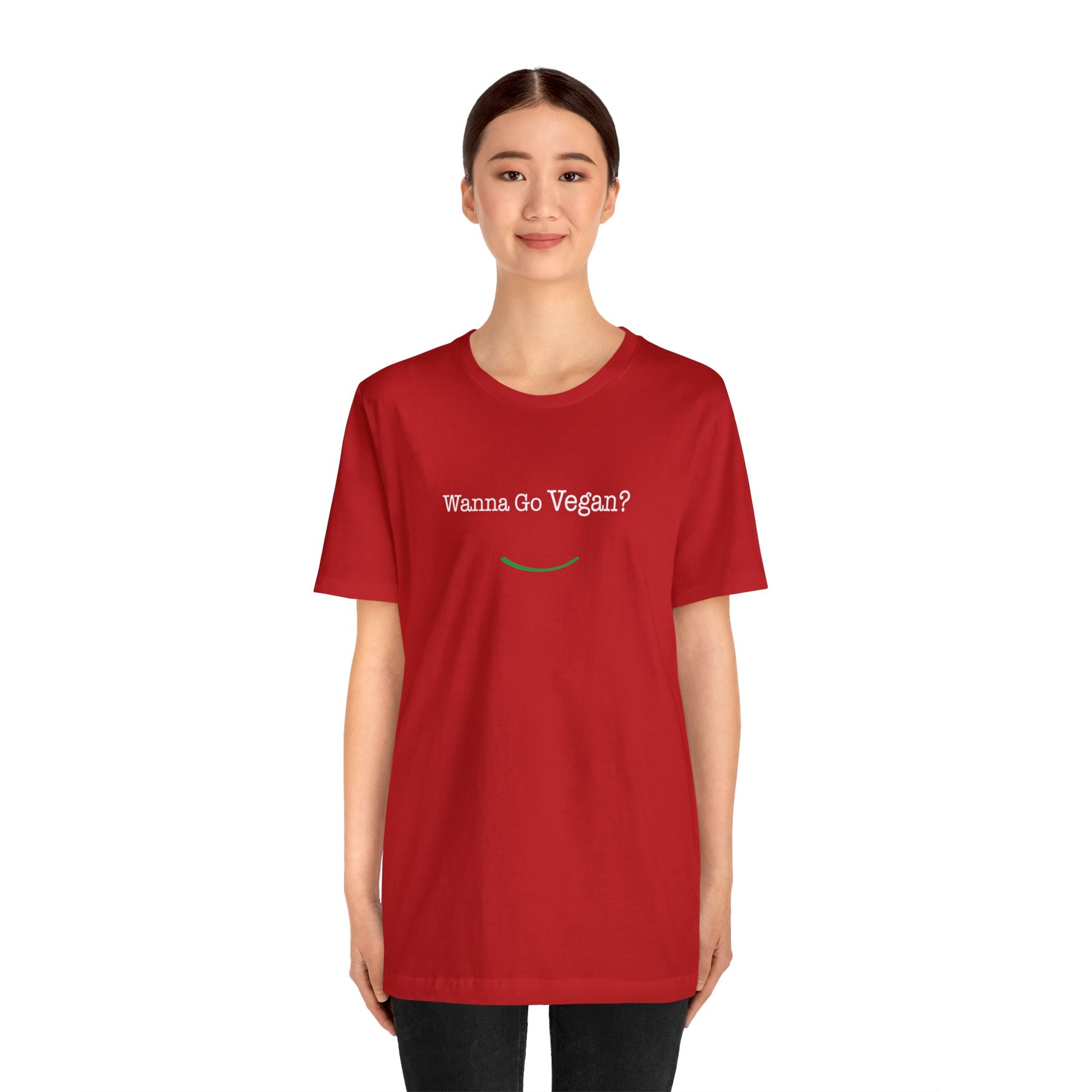 front view "Wanna Go Vegan?" red unisex t-shirt on white background female