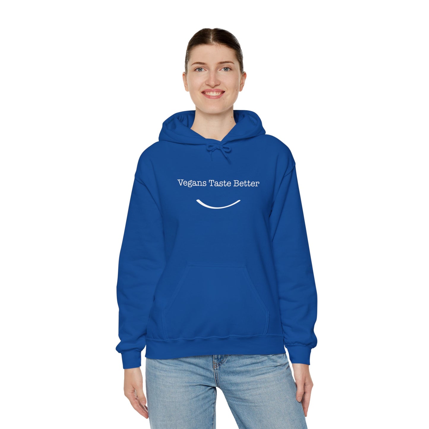 front view "Vegans Taste Better" blue hoodie on white female