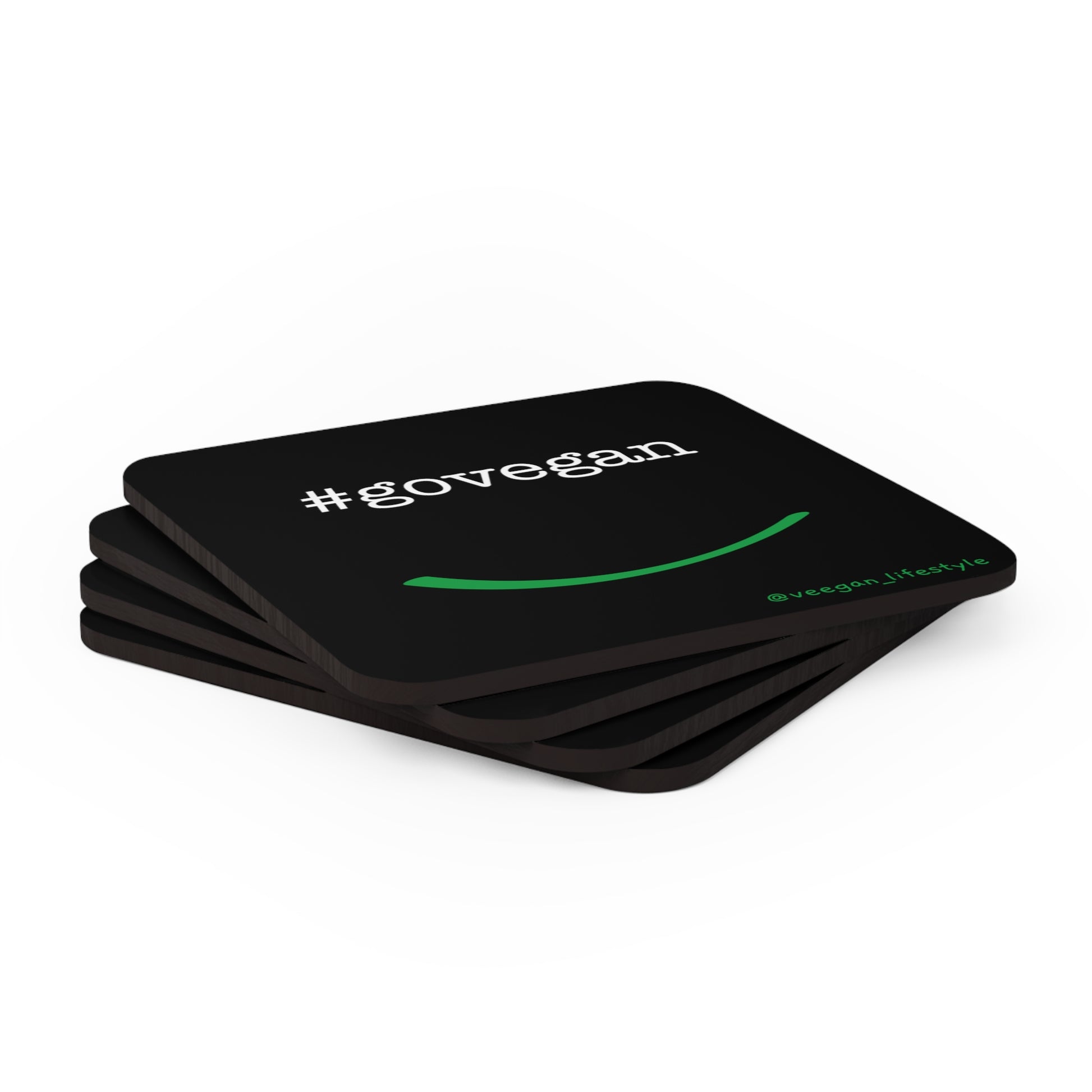 front view #govegan black square coaster set on white background