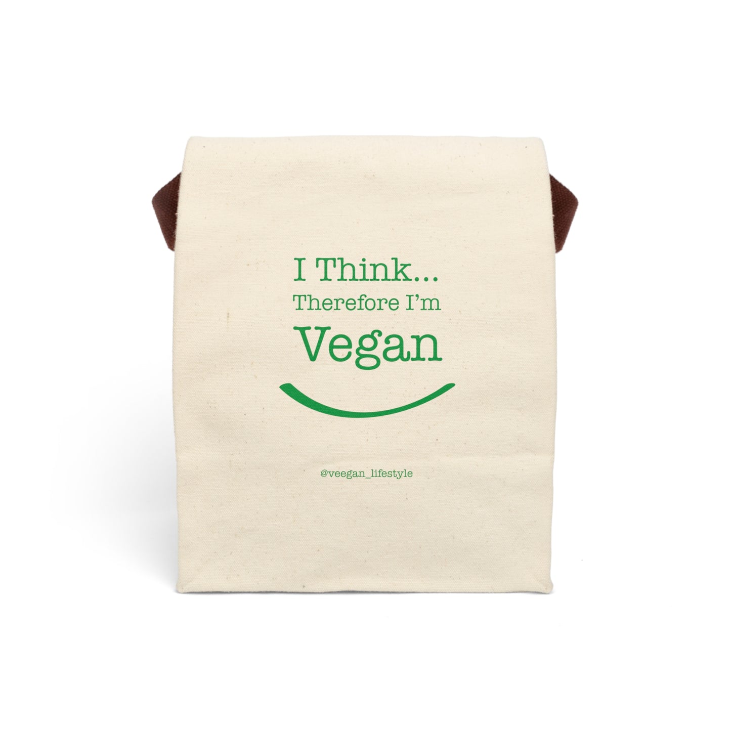 front "i Think Therefore I'm Vegan" reusable lunch bag on white