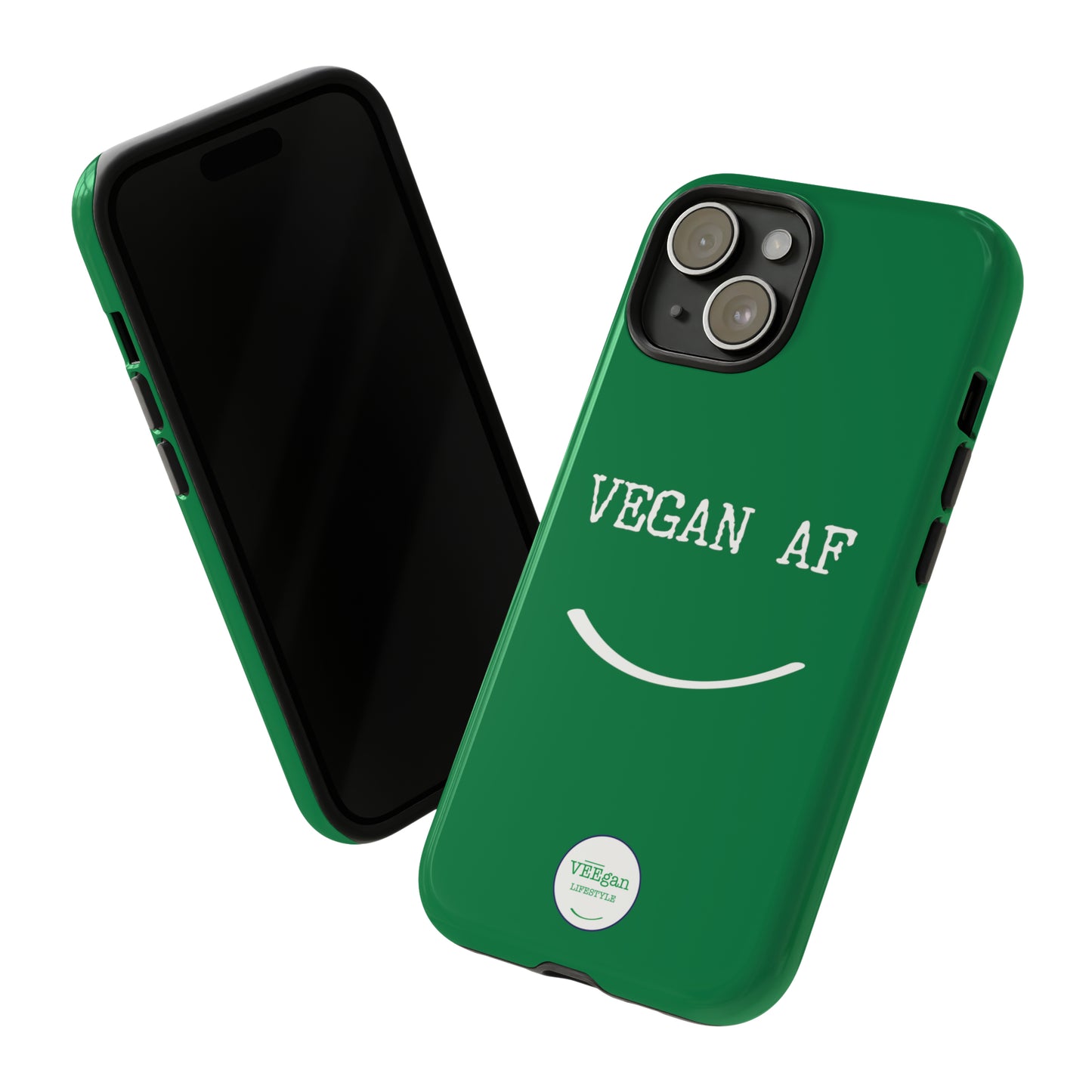 front view "Vegan AF" Tough green Phone Case with smile white background