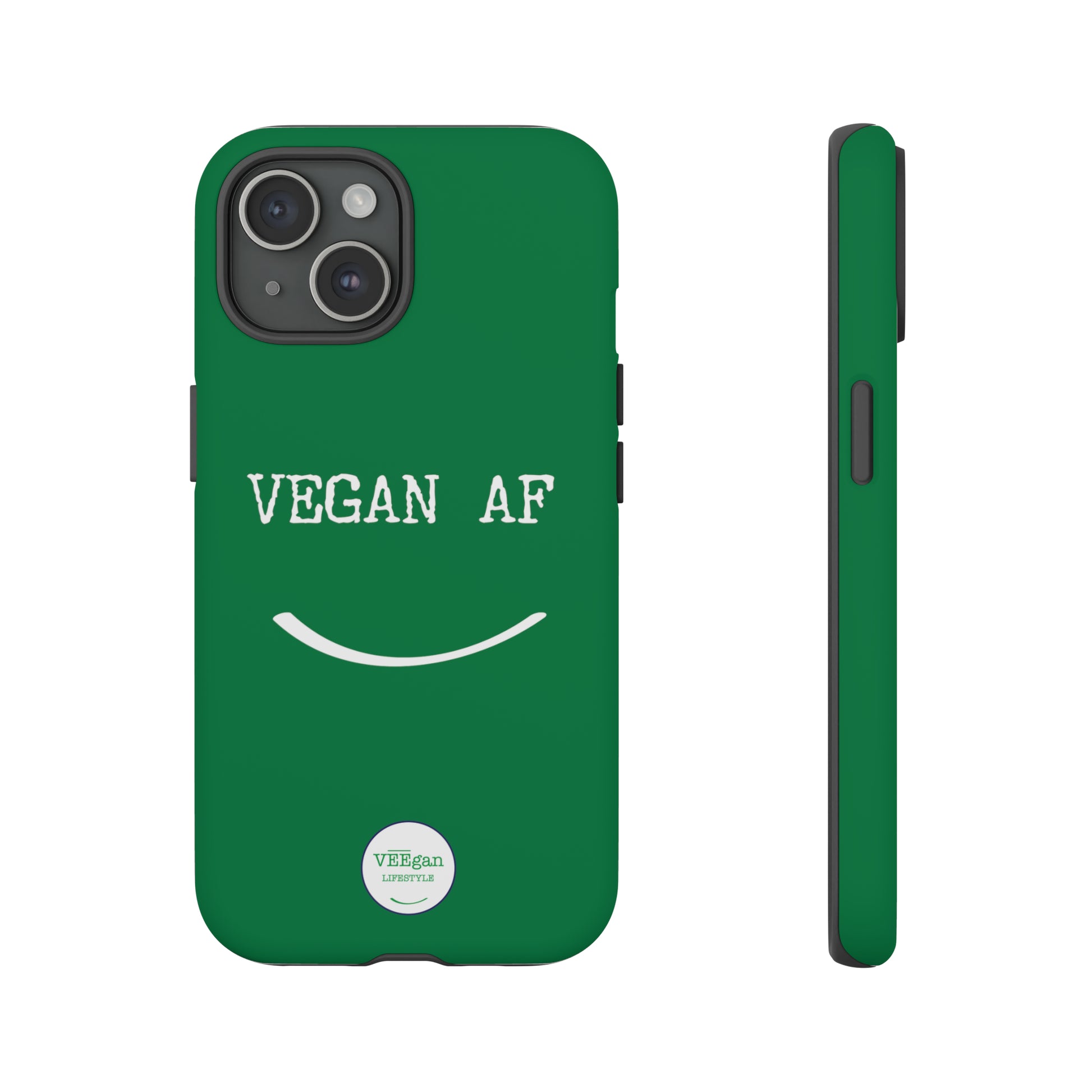 front view "Vegan AF" Tough green Phone Case with smile white background