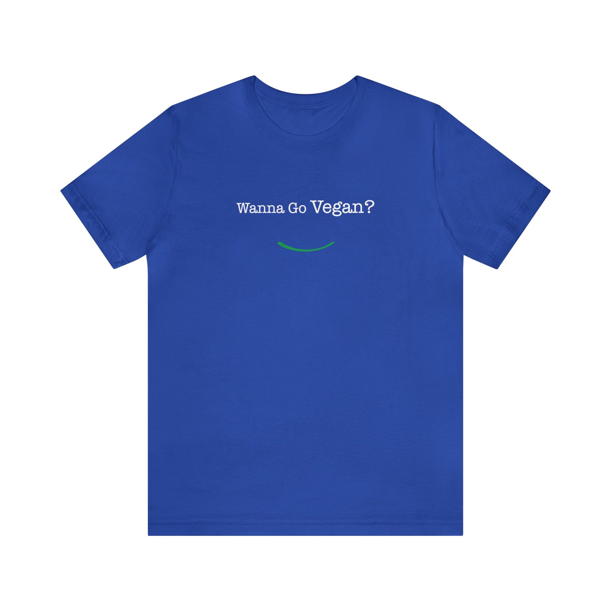 front view "Wanna Go Vegan?" blue unisex t-shirt on white background