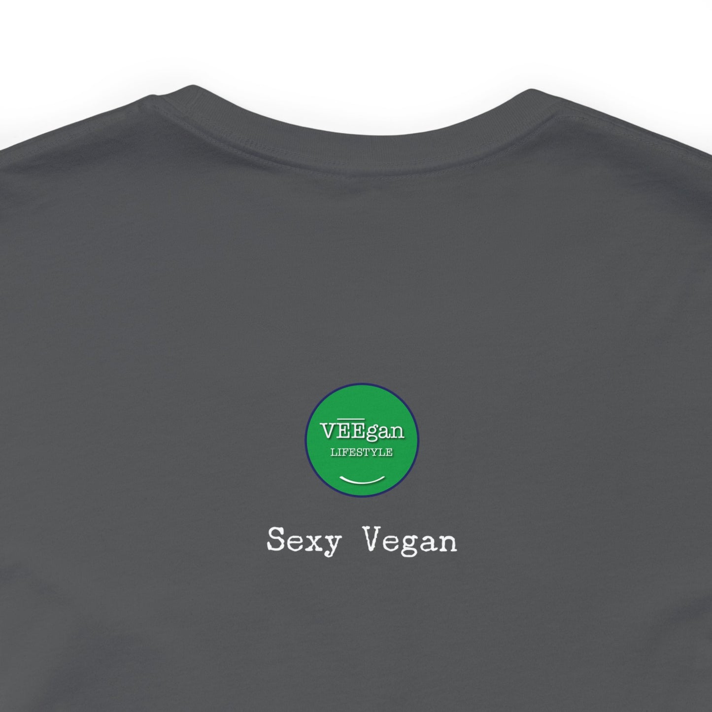 front "Sexy Vegan" grey t-shirt with smile on white  detail