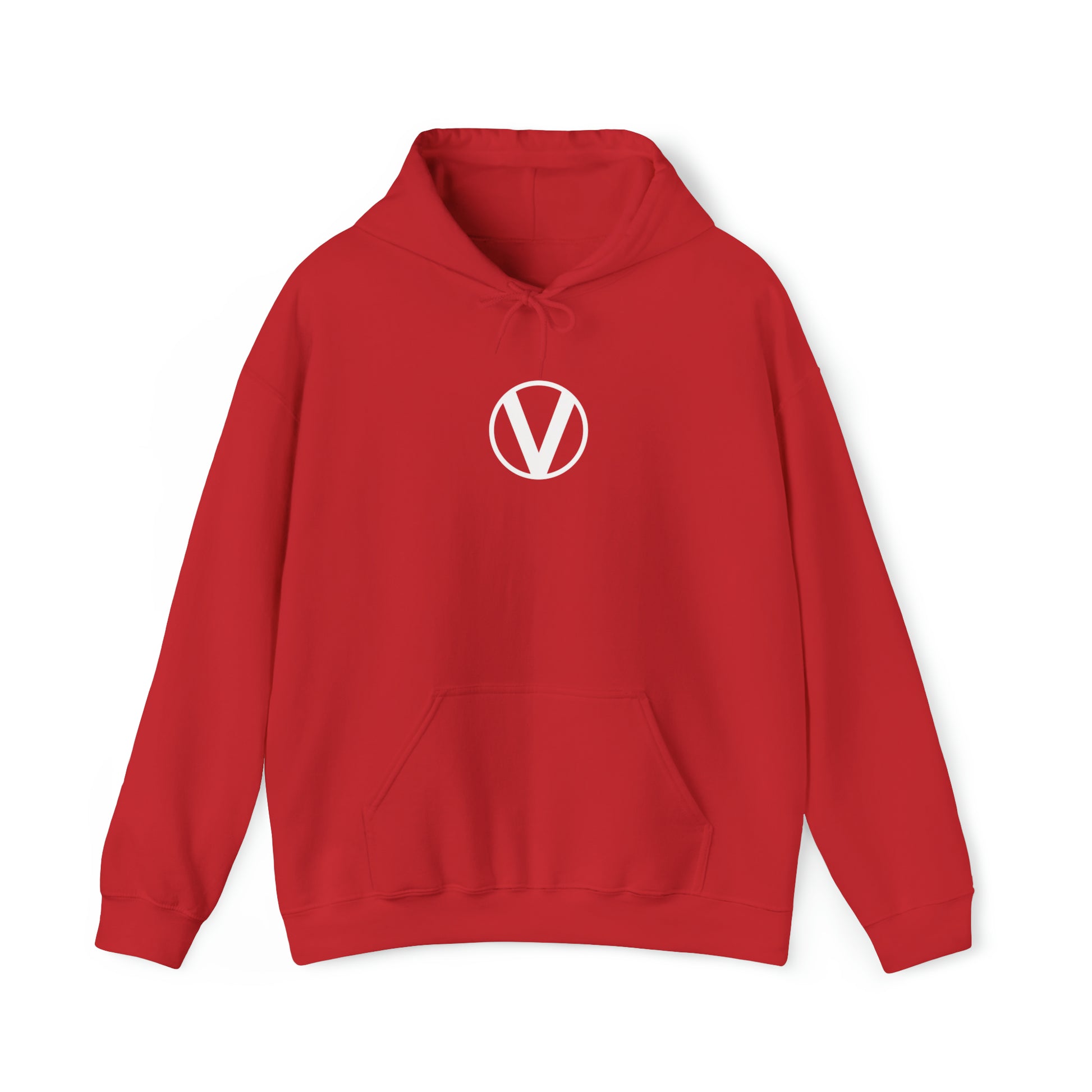 front Circled V hoodie red on white, vegan v symbol